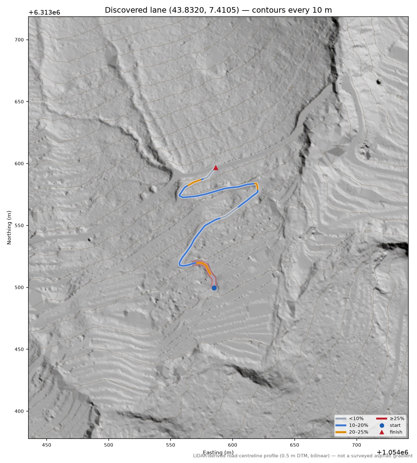 Discovered lane (43.8320, 7.4105) LiDAR hillshade map with contours