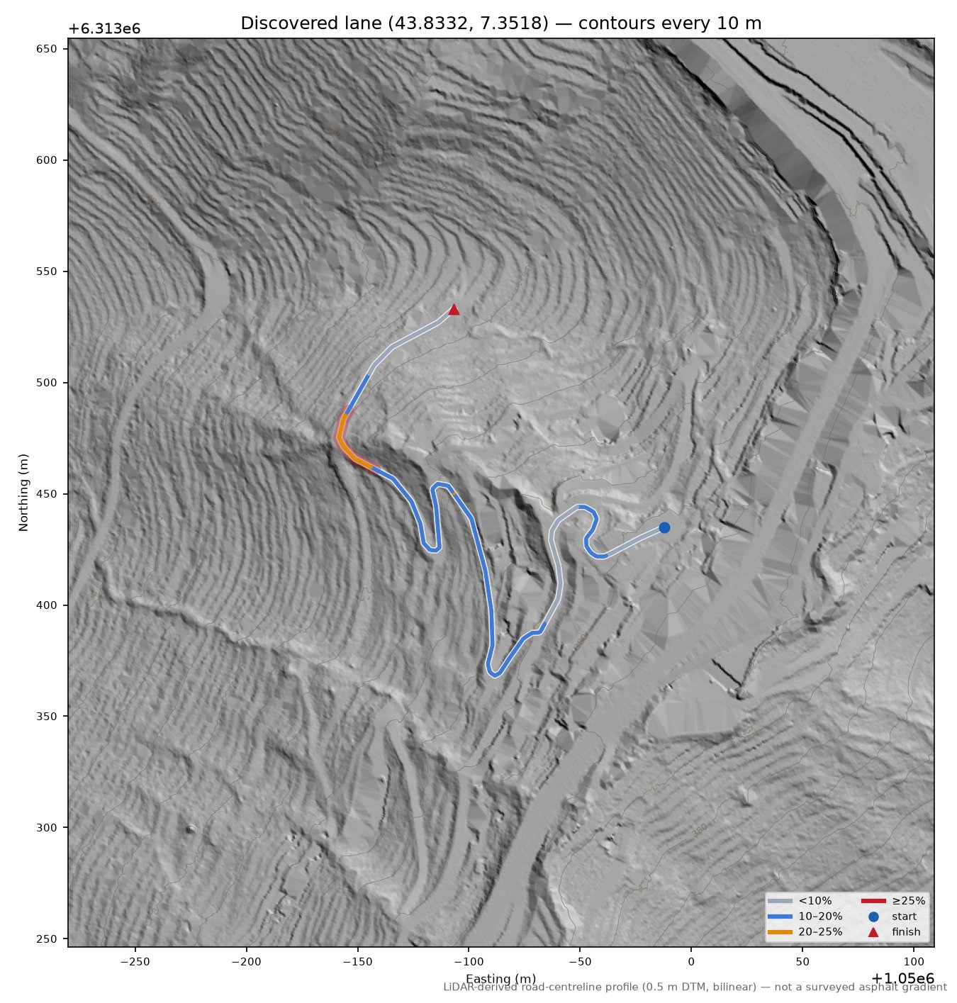 Discovered lane (43.8332, 7.3518) LiDAR hillshade map with contours