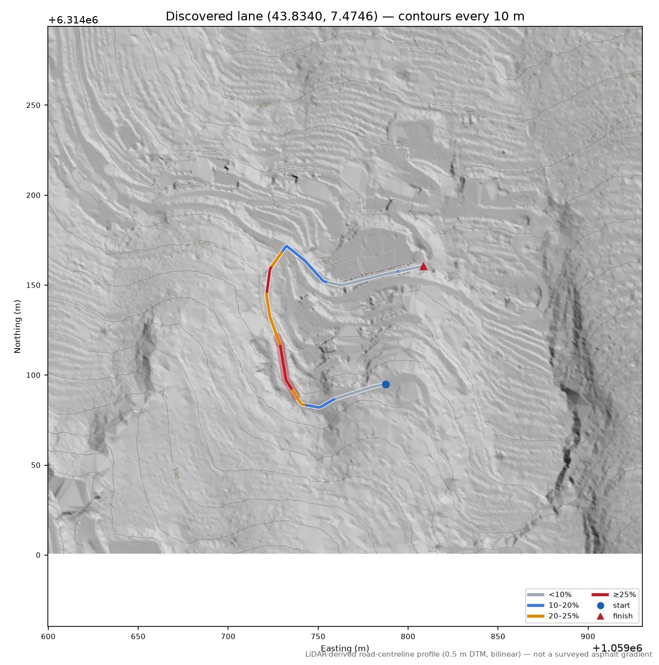 Discovered lane (43.8340, 7.4746) LiDAR hillshade map with contours