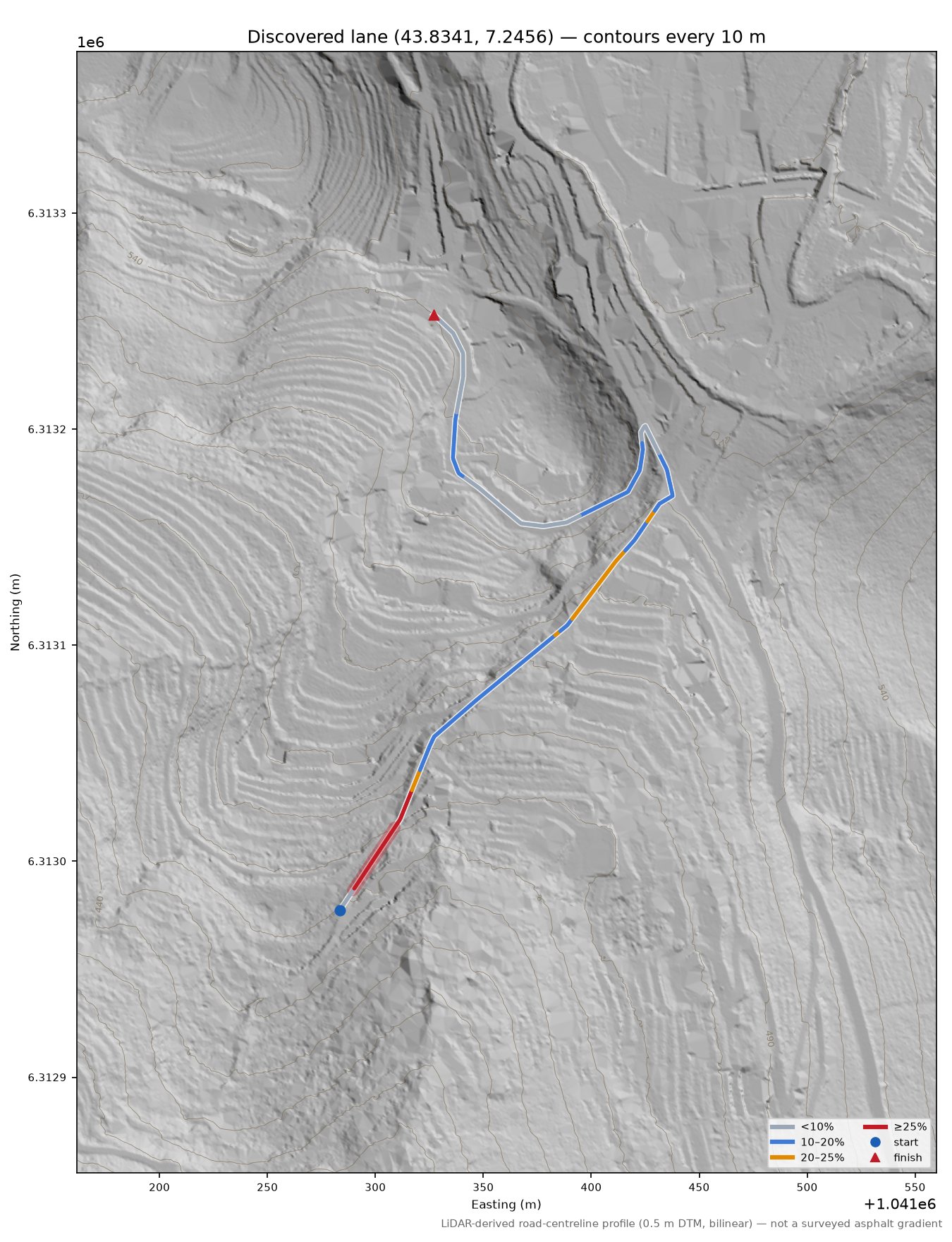 Discovered lane (43.8341, 7.2456) LiDAR hillshade map with contours