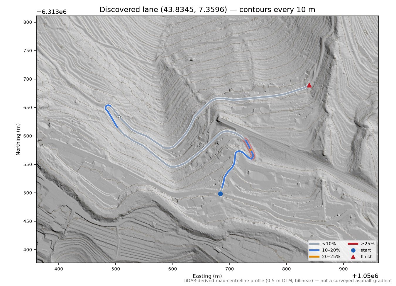 Discovered lane (43.8345, 7.3596) LiDAR hillshade map with contours