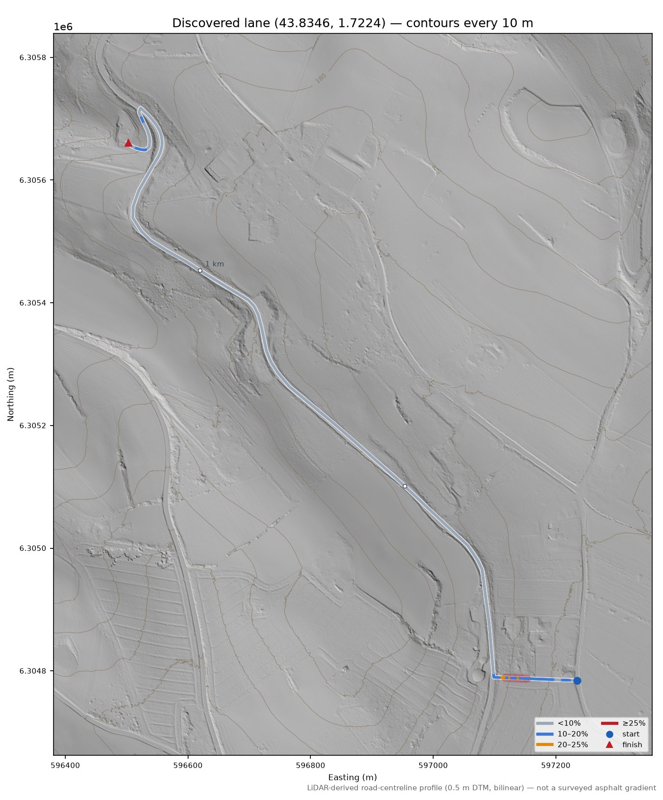 Discovered lane (43.8346, 1.7224) LiDAR hillshade map with contours