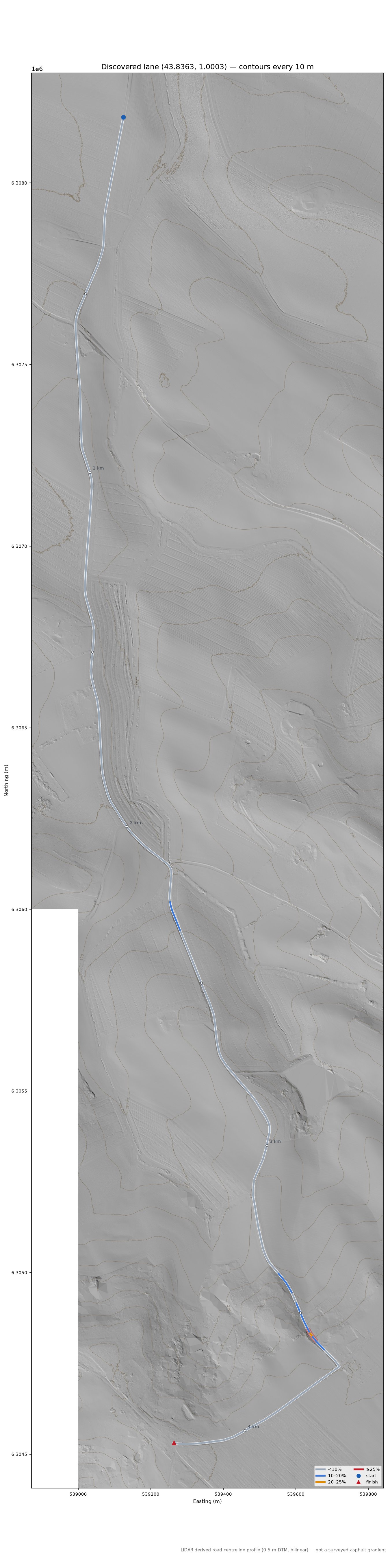 Discovered lane (43.8363, 1.0003) LiDAR hillshade map with contours