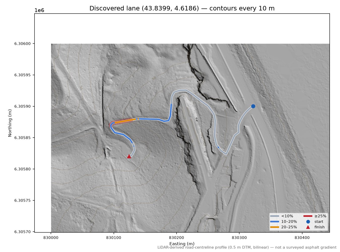 Discovered lane (43.8399, 4.6186) LiDAR hillshade map with contours
