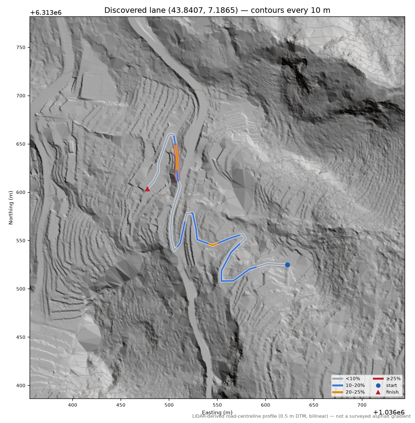 Discovered lane (43.8407, 7.1865) LiDAR hillshade map with contours