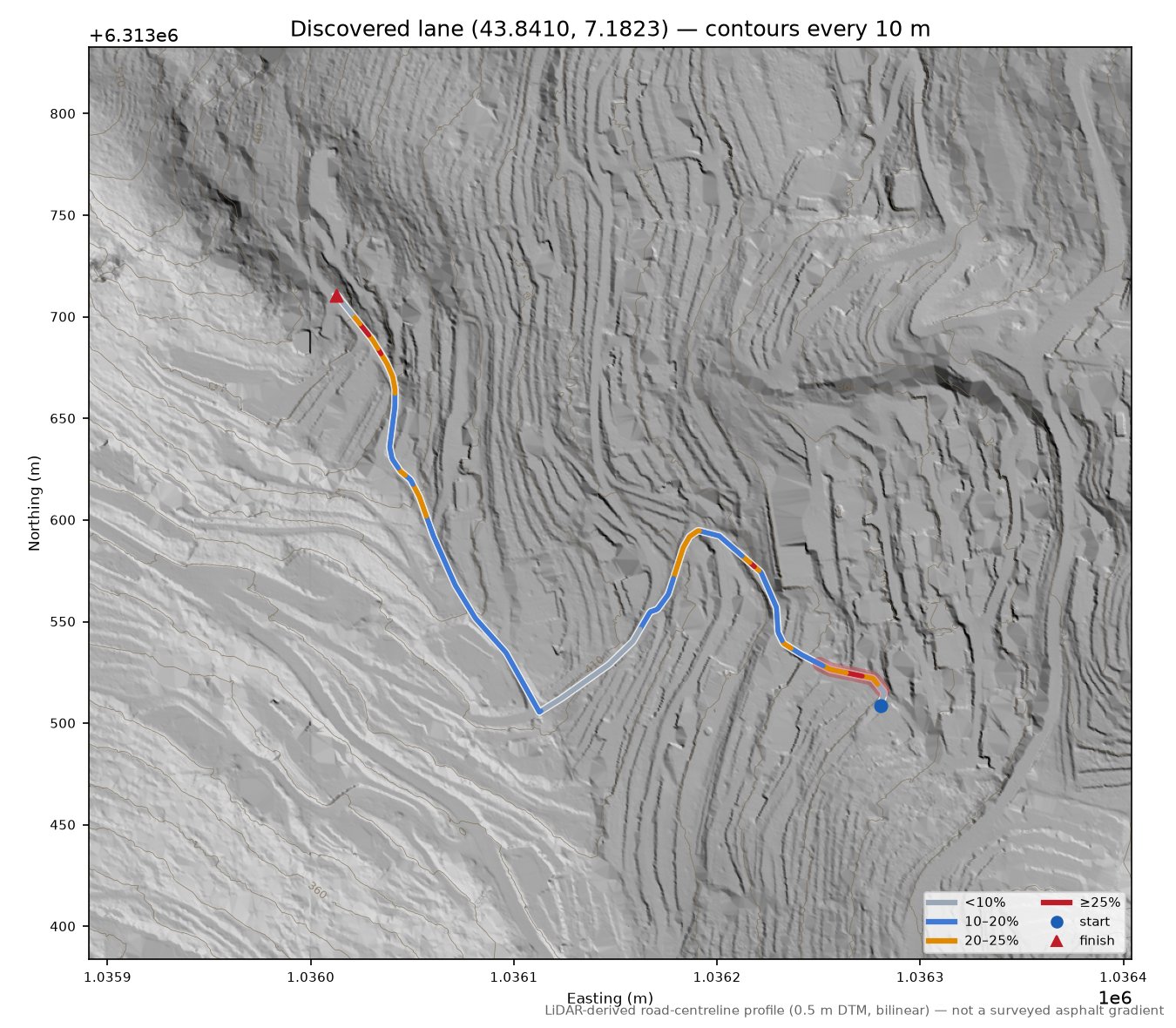 Discovered lane (43.8410, 7.1823) LiDAR hillshade map with contours