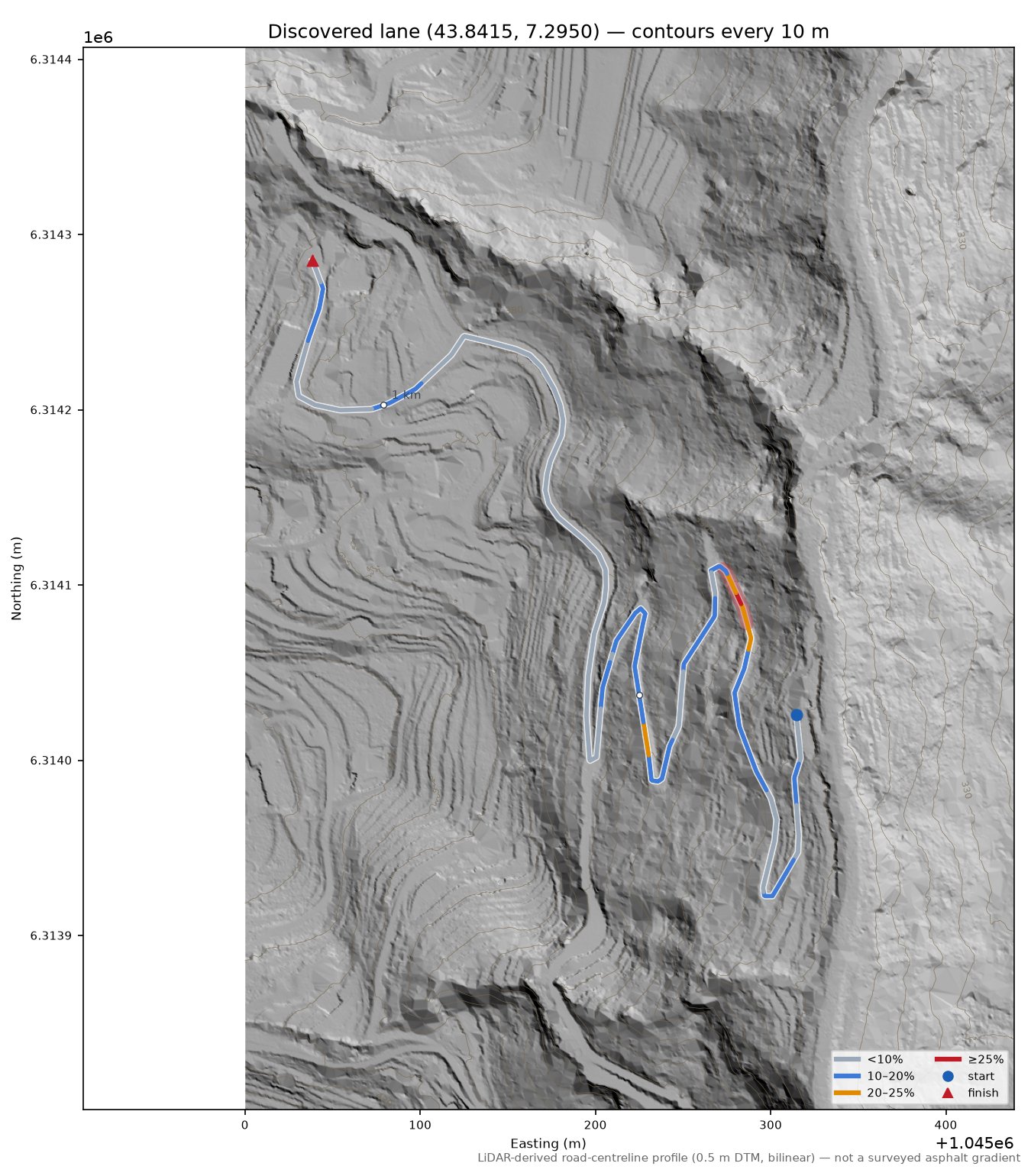 Discovered lane (43.8415, 7.2950) LiDAR hillshade map with contours