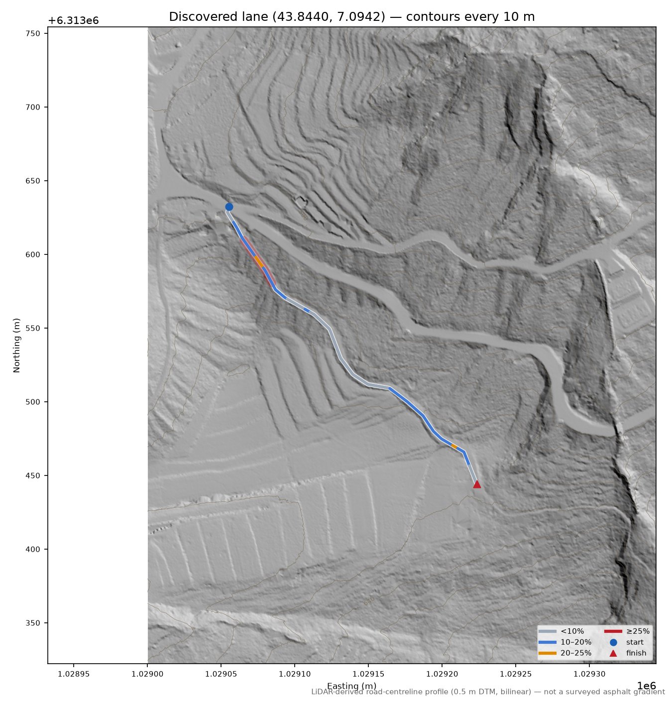 Discovered lane (43.8440, 7.0942) LiDAR hillshade map with contours