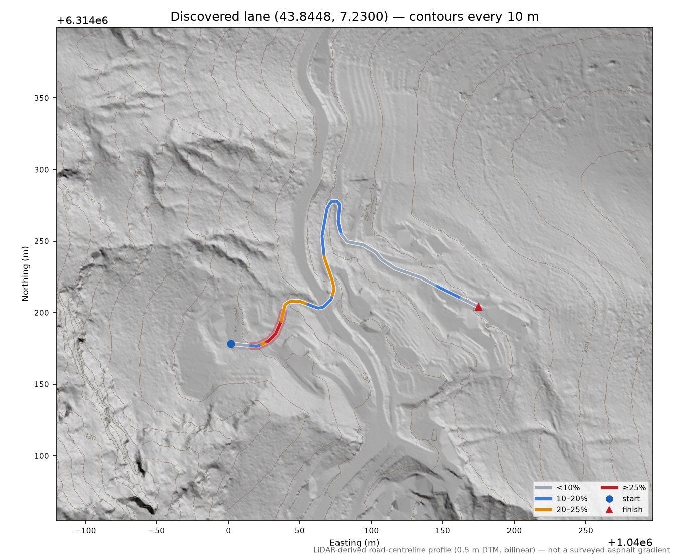 Discovered lane (43.8448, 7.2300) LiDAR hillshade map with contours
