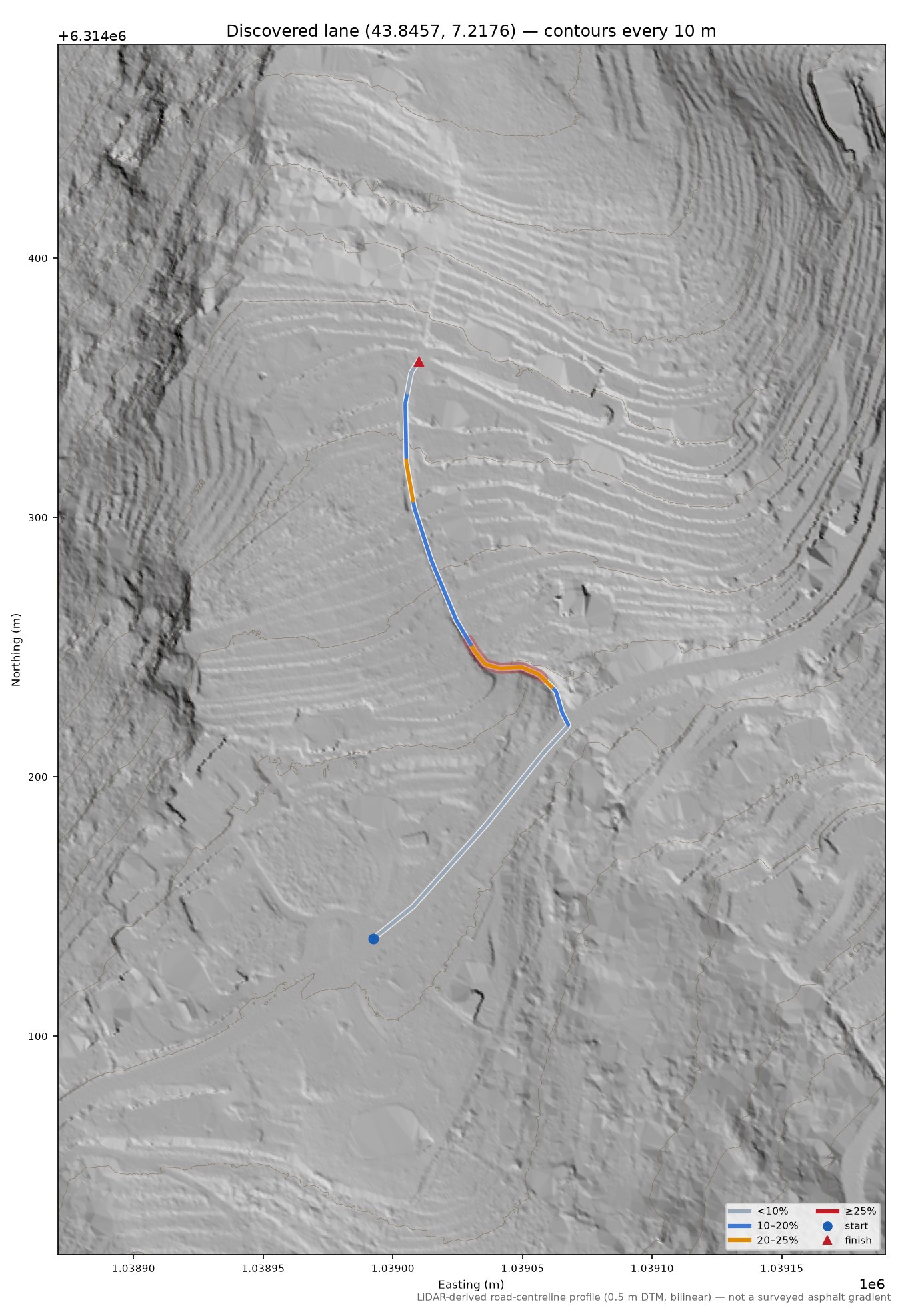 Discovered lane (43.8457, 7.2176) LiDAR hillshade map with contours