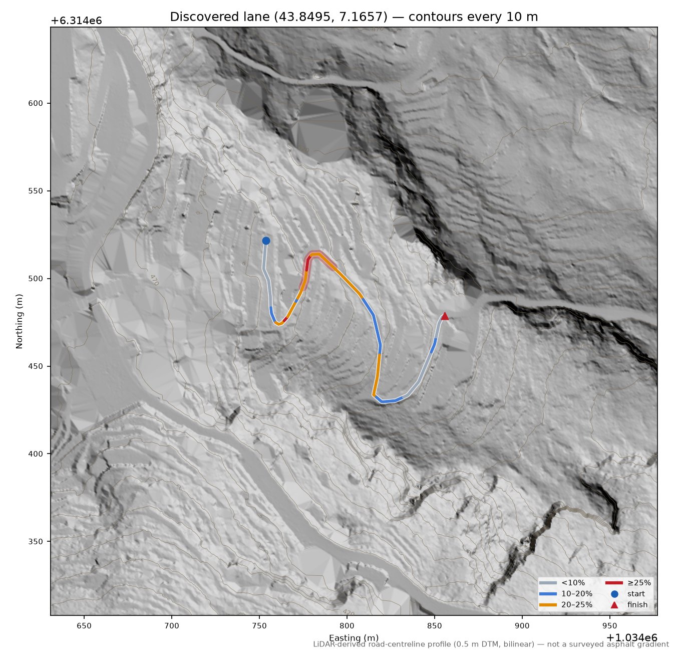 Discovered lane (43.8495, 7.1657) LiDAR hillshade map with contours
