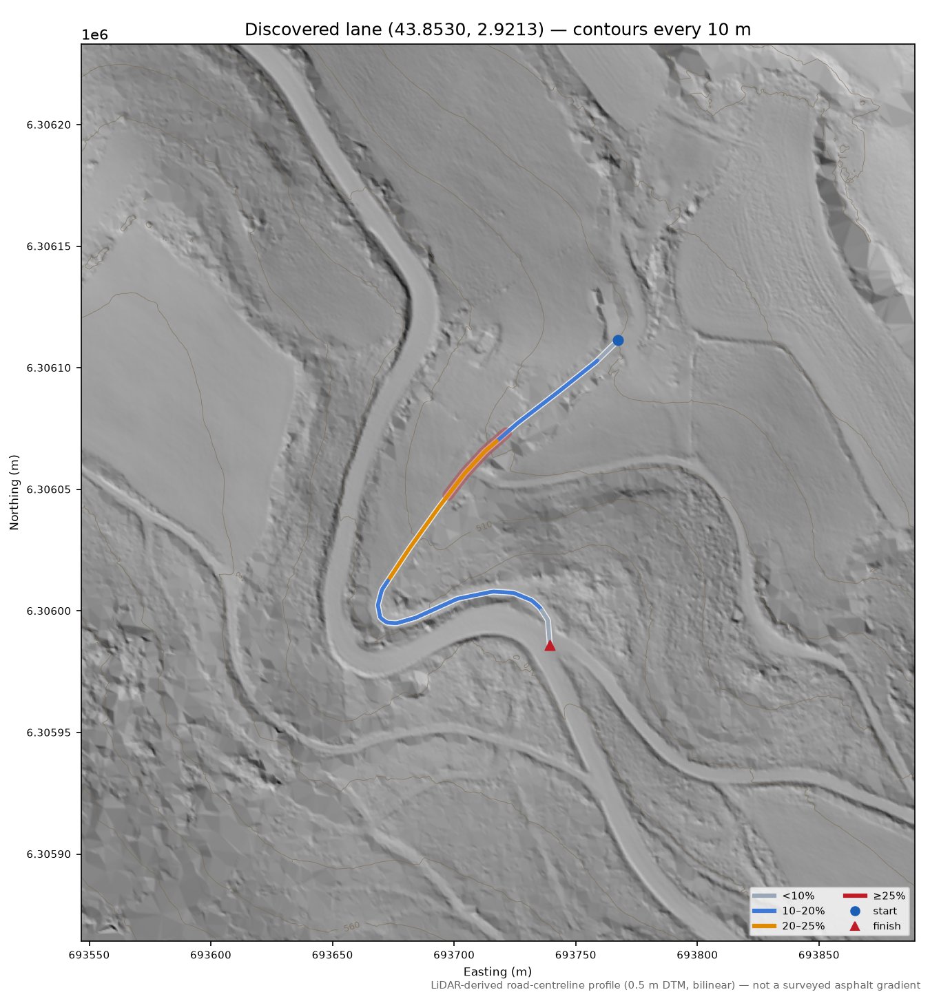 Discovered lane (43.8530, 2.9213) LiDAR hillshade map with contours