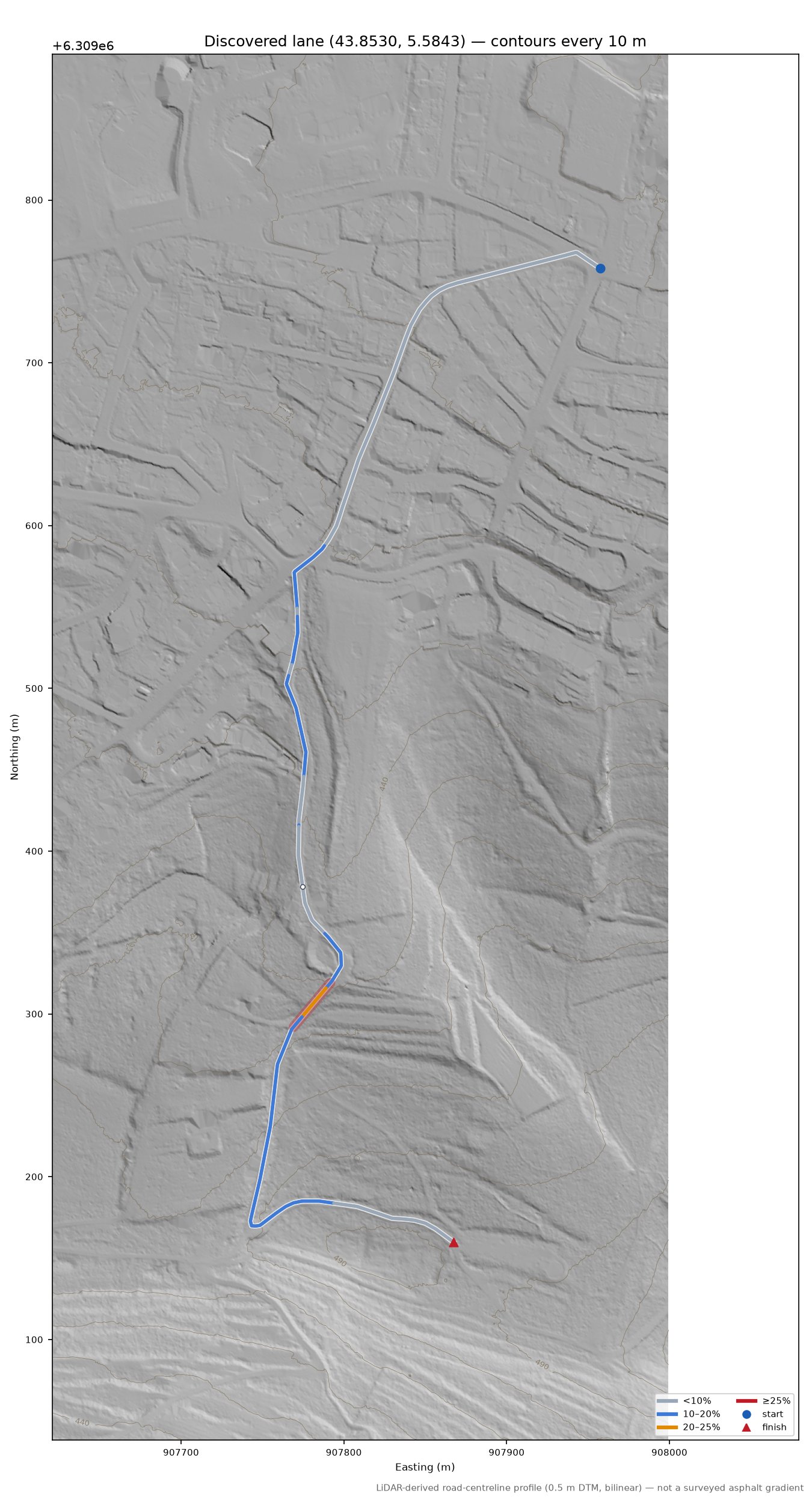 Discovered lane (43.8530, 5.5843) LiDAR hillshade map with contours