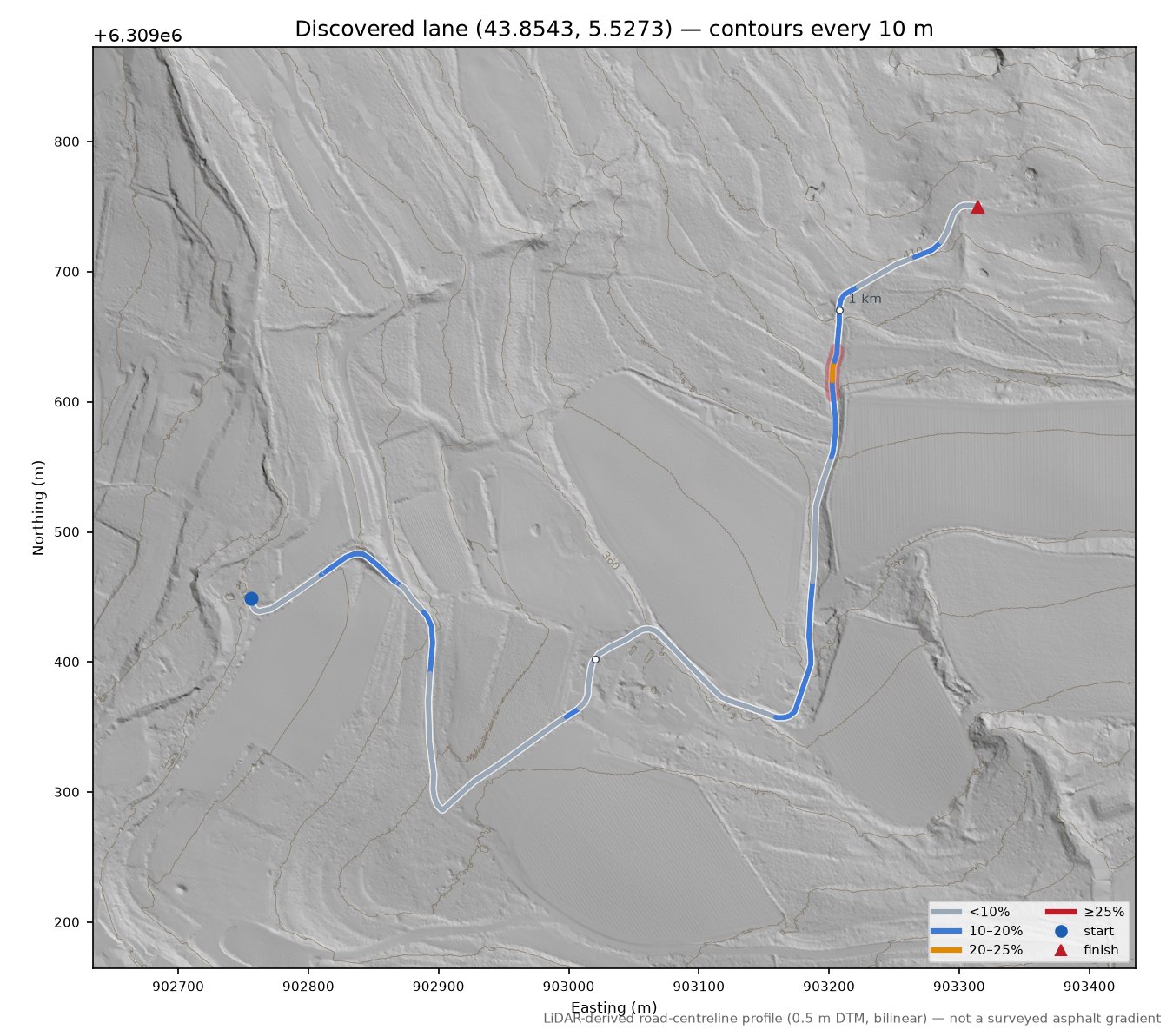 Discovered lane (43.8543, 5.5273) LiDAR hillshade map with contours