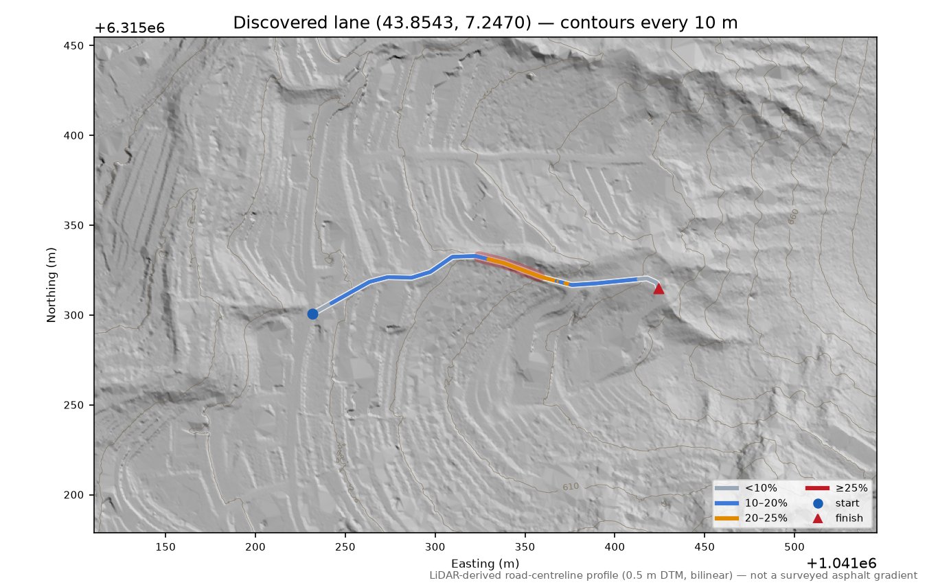 Discovered lane (43.8543, 7.2470) LiDAR hillshade map with contours
