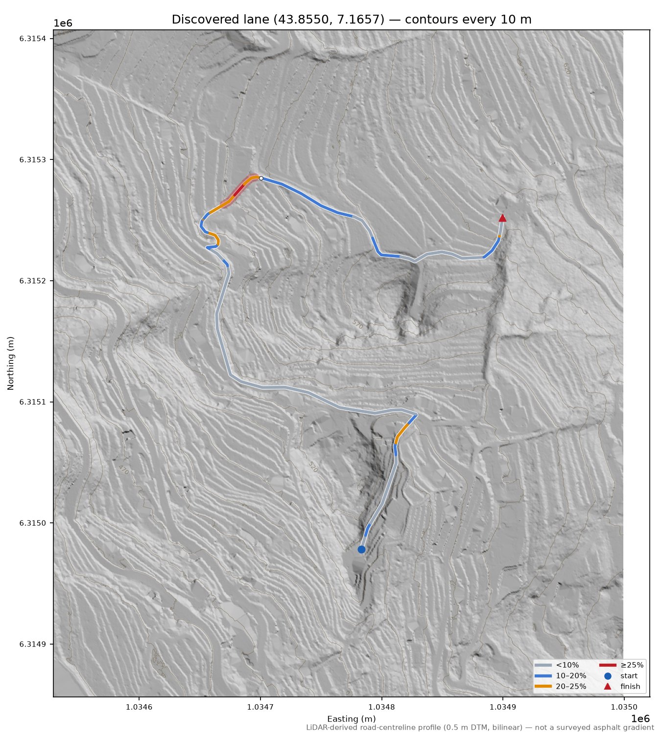 Discovered lane (43.8550, 7.1657) LiDAR hillshade map with contours