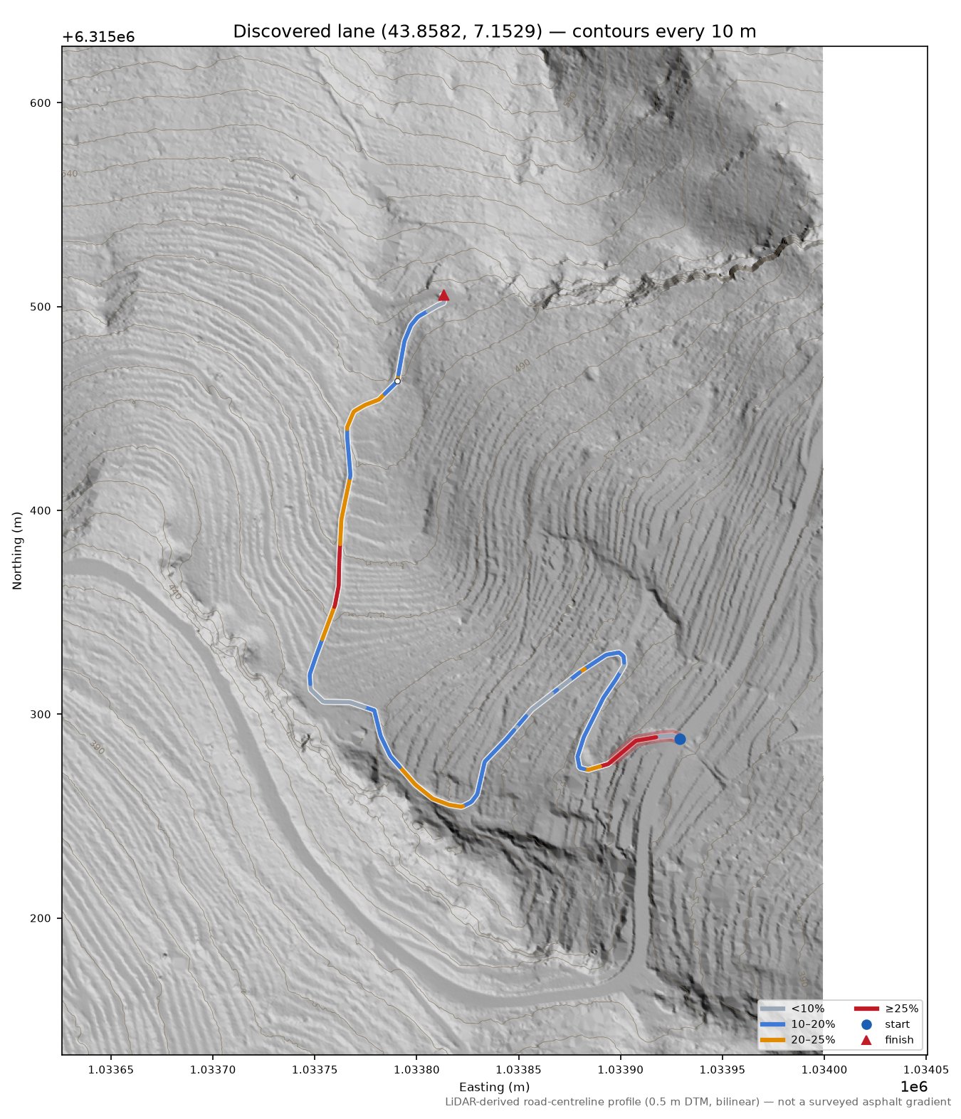 Discovered lane (43.8582, 7.1529) LiDAR hillshade map with contours