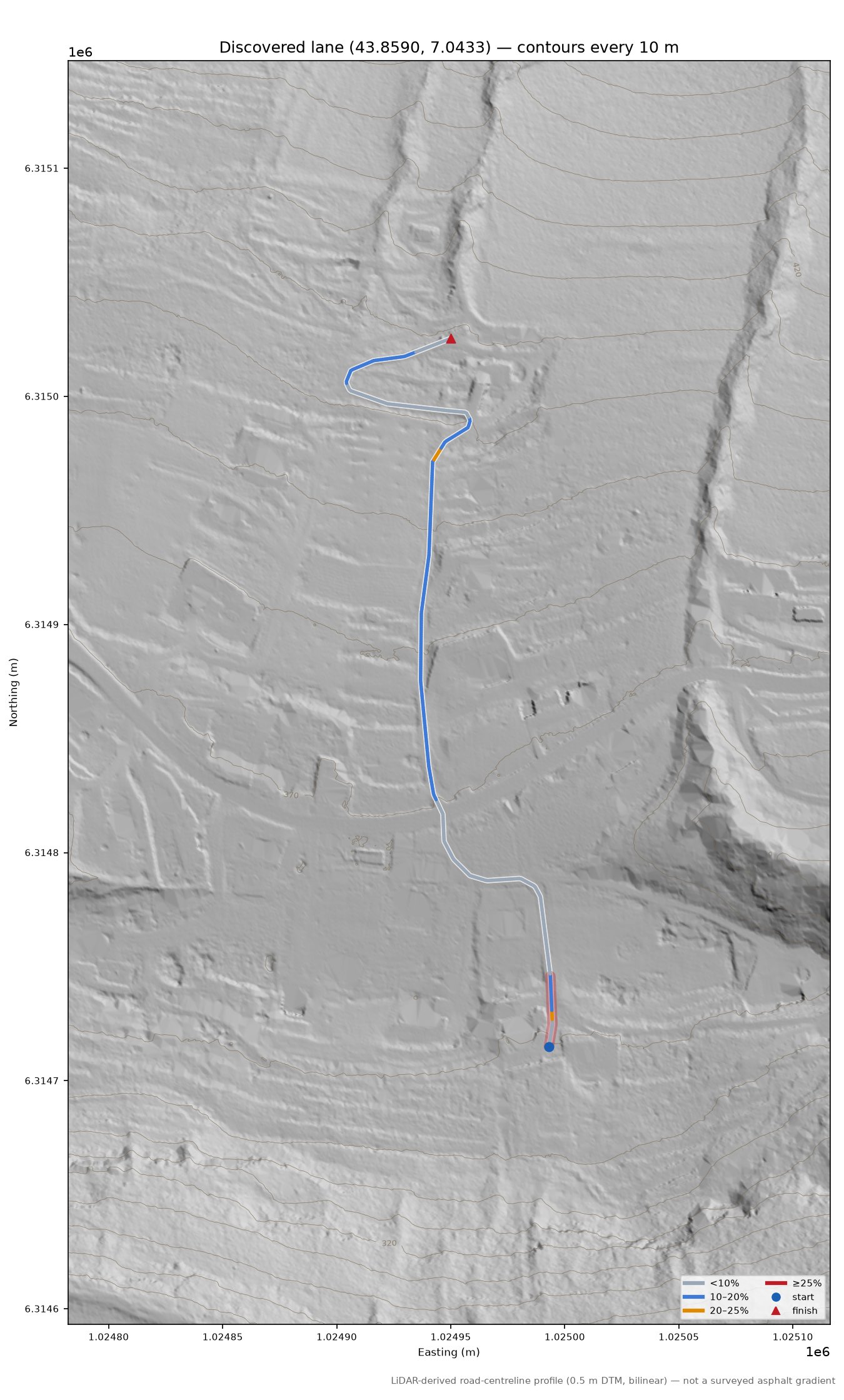 Discovered lane (43.8590, 7.0433) LiDAR hillshade map with contours
