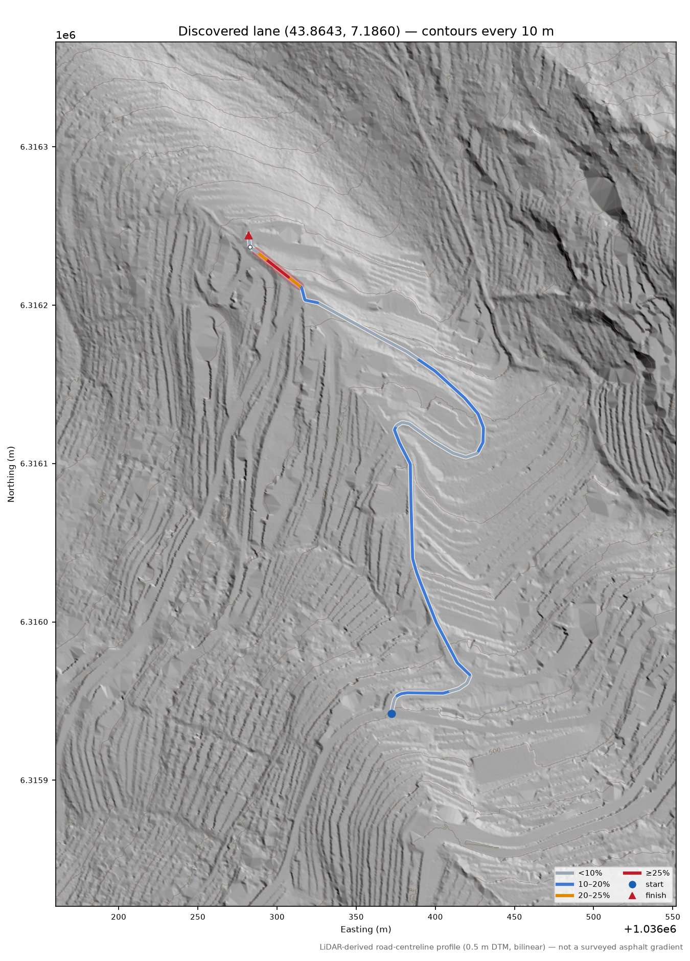 Discovered lane (43.8643, 7.1860) LiDAR hillshade map with contours