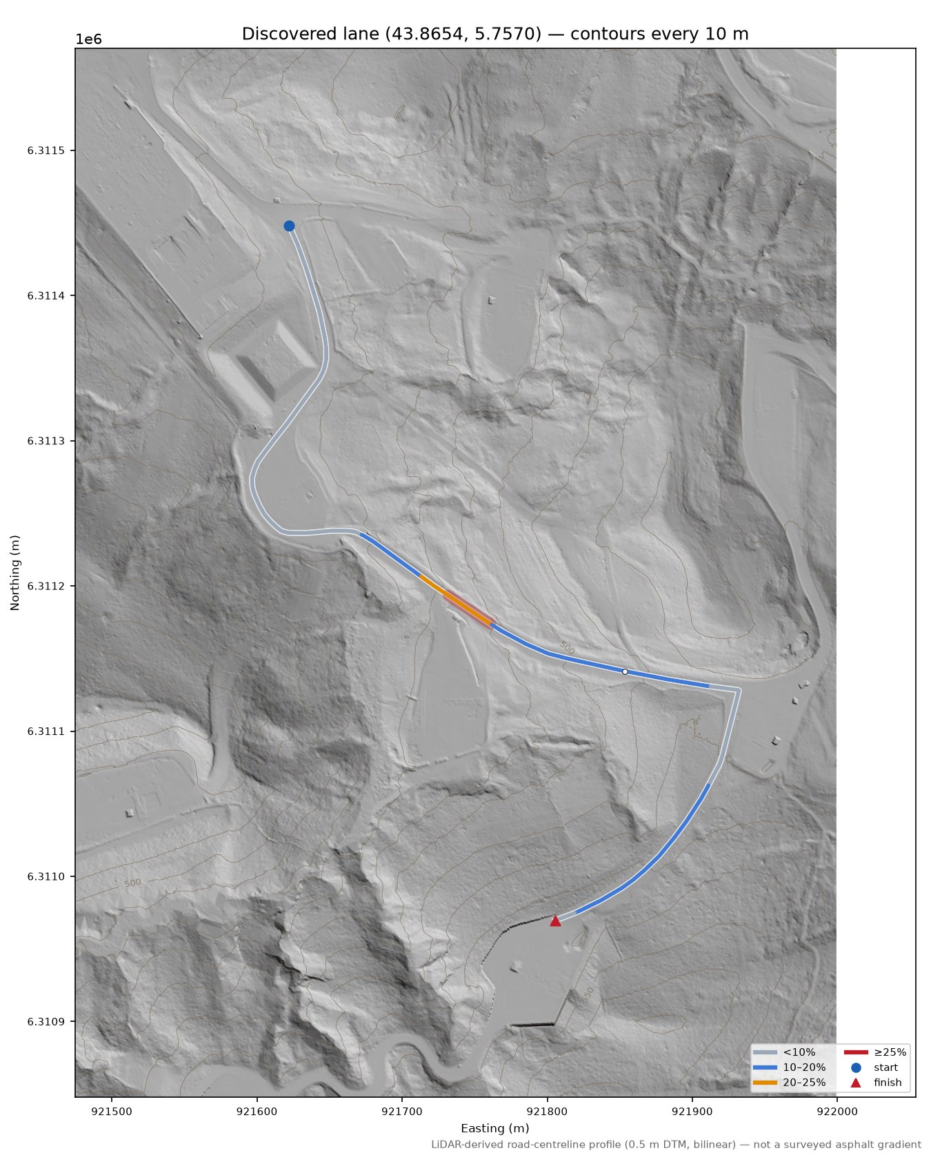 Discovered lane (43.8654, 5.7570) LiDAR hillshade map with contours