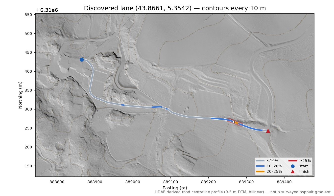 Discovered lane (43.8661, 5.3542) LiDAR hillshade map with contours