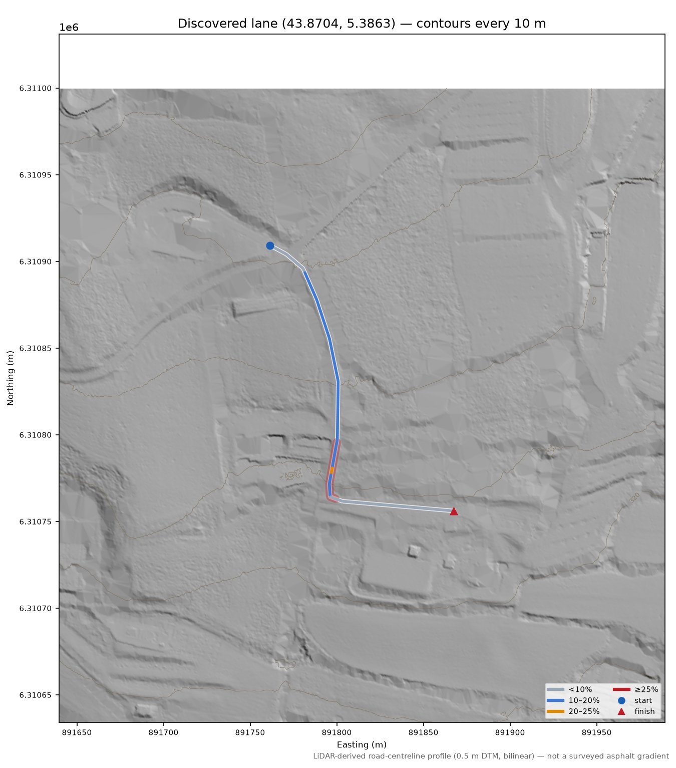 Discovered lane (43.8704, 5.3863) LiDAR hillshade map with contours