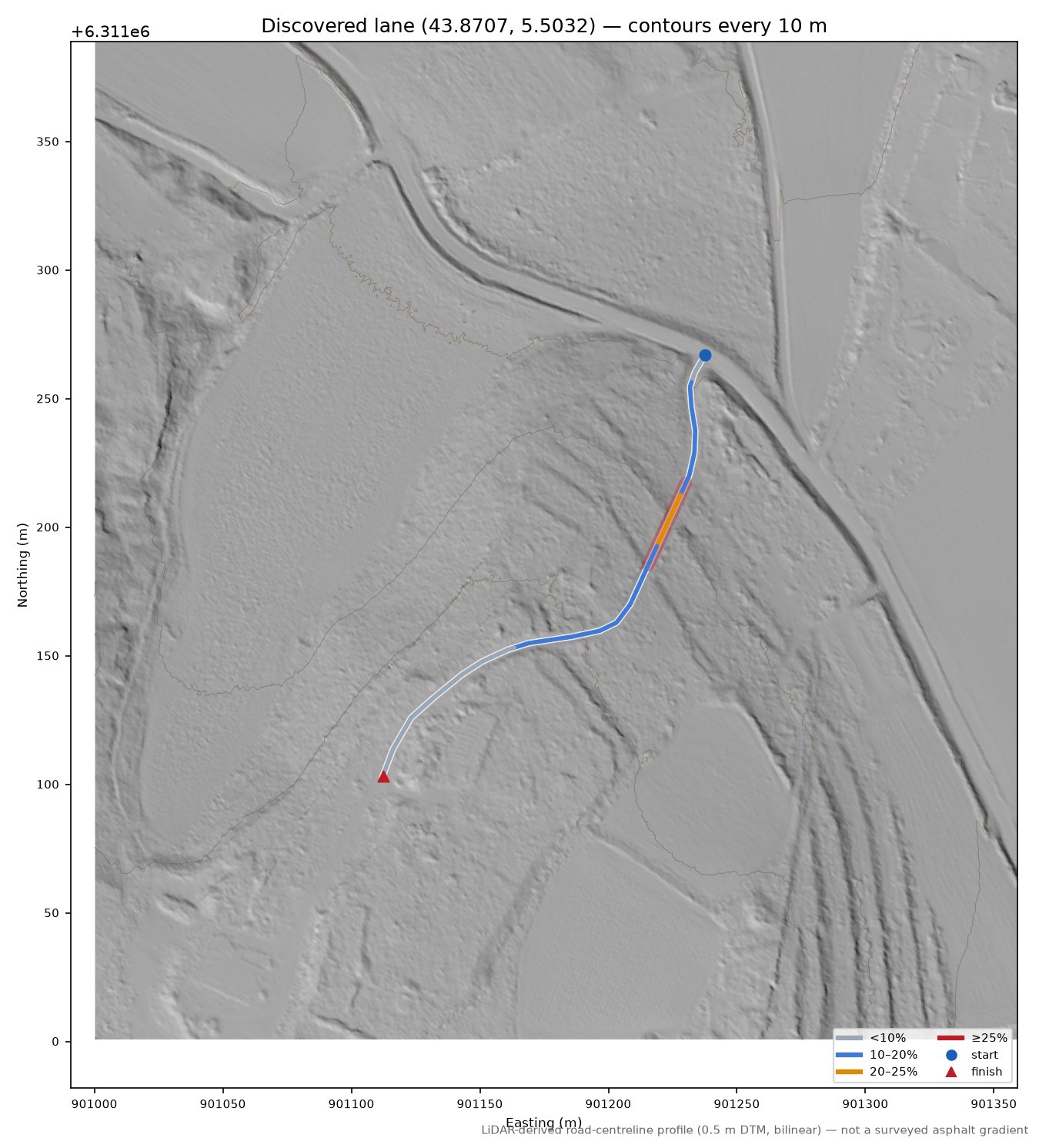 Discovered lane (43.8707, 5.5032) LiDAR hillshade map with contours