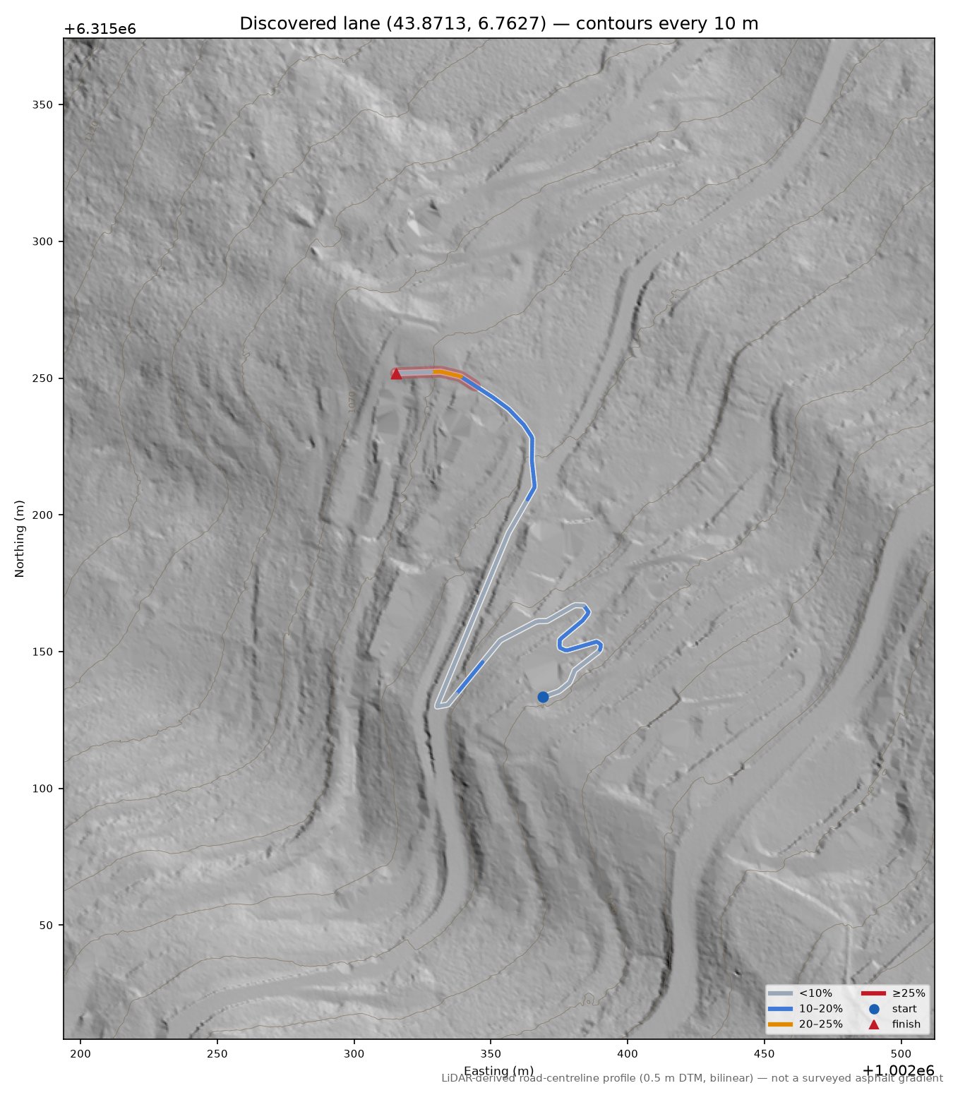 Discovered lane (43.8713, 6.7627) LiDAR hillshade map with contours