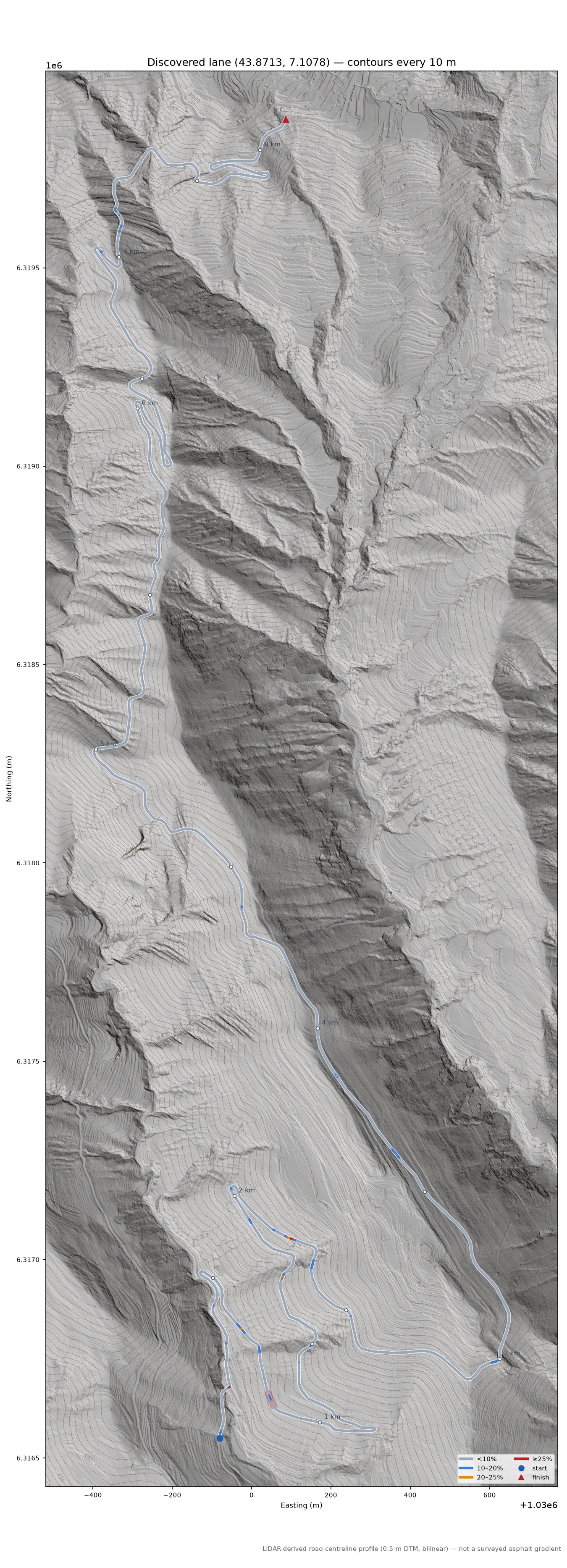 Discovered lane (43.8713, 7.1078) LiDAR hillshade map with contours