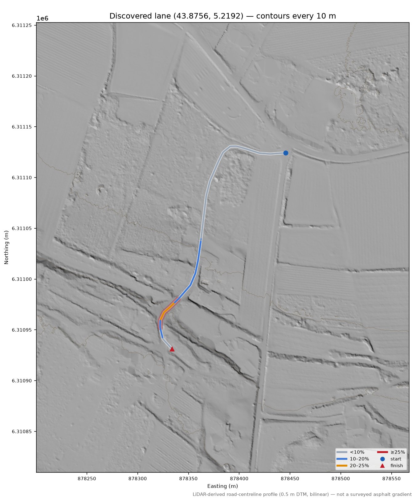 Discovered lane (43.8756, 5.2192) LiDAR hillshade map with contours