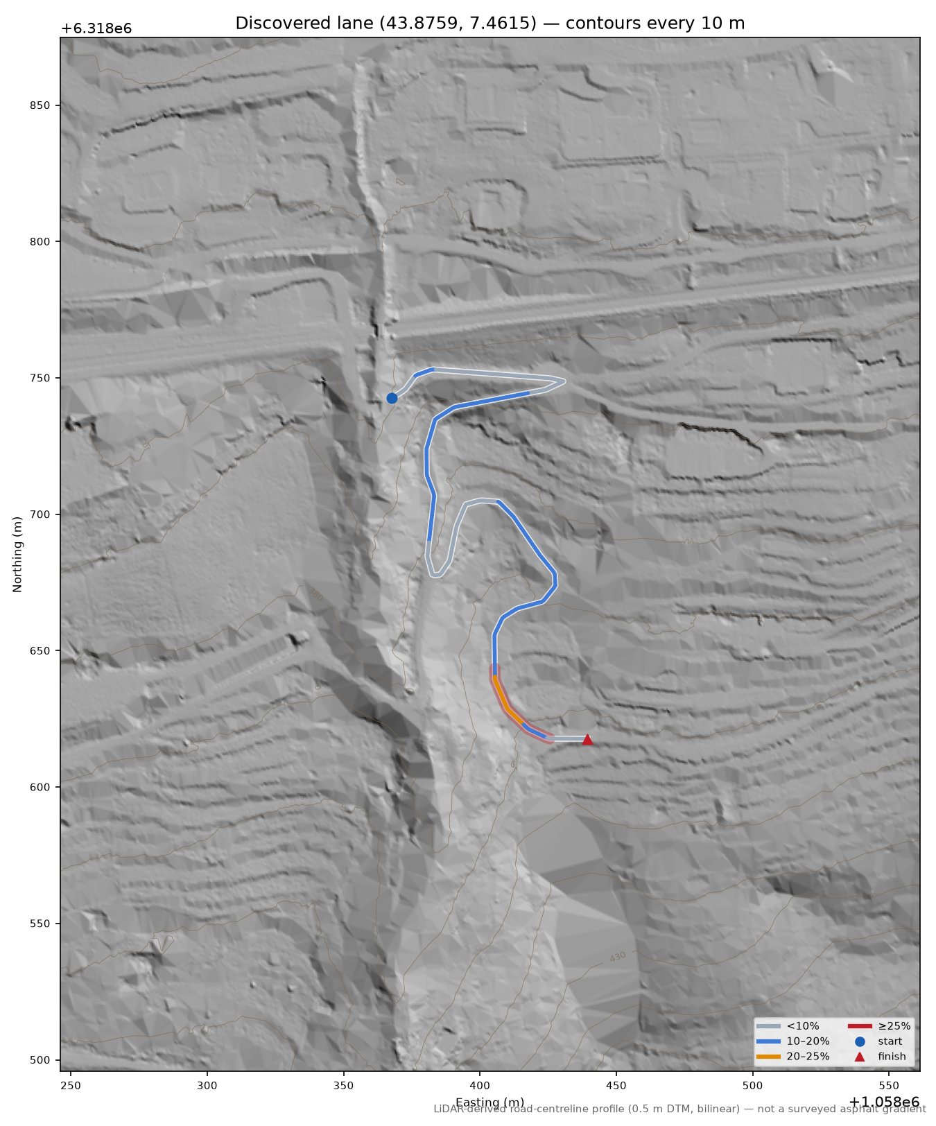 Discovered lane (43.8759, 7.4615) LiDAR hillshade map with contours