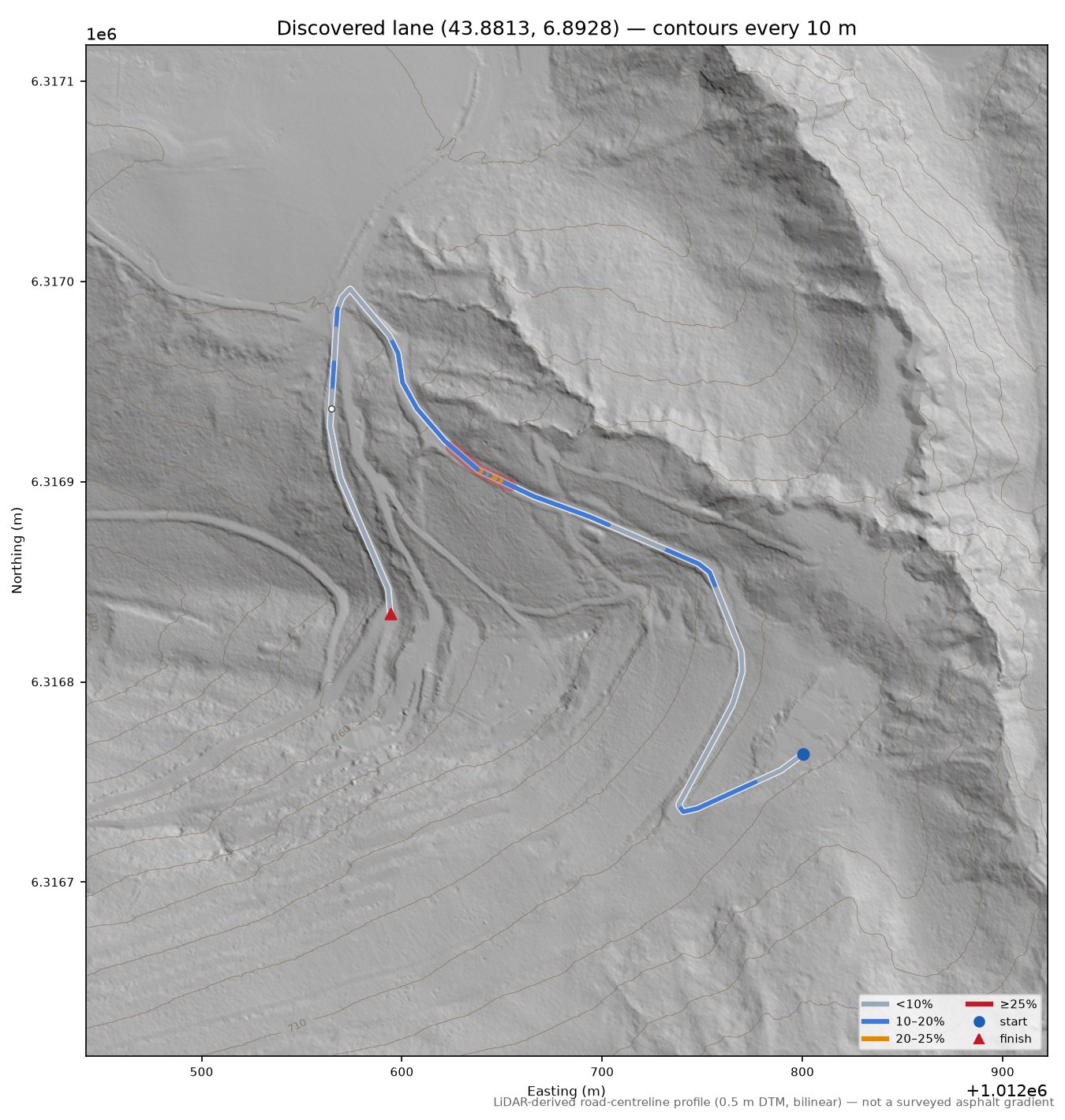 Discovered lane (43.8813, 6.8928) LiDAR hillshade map with contours