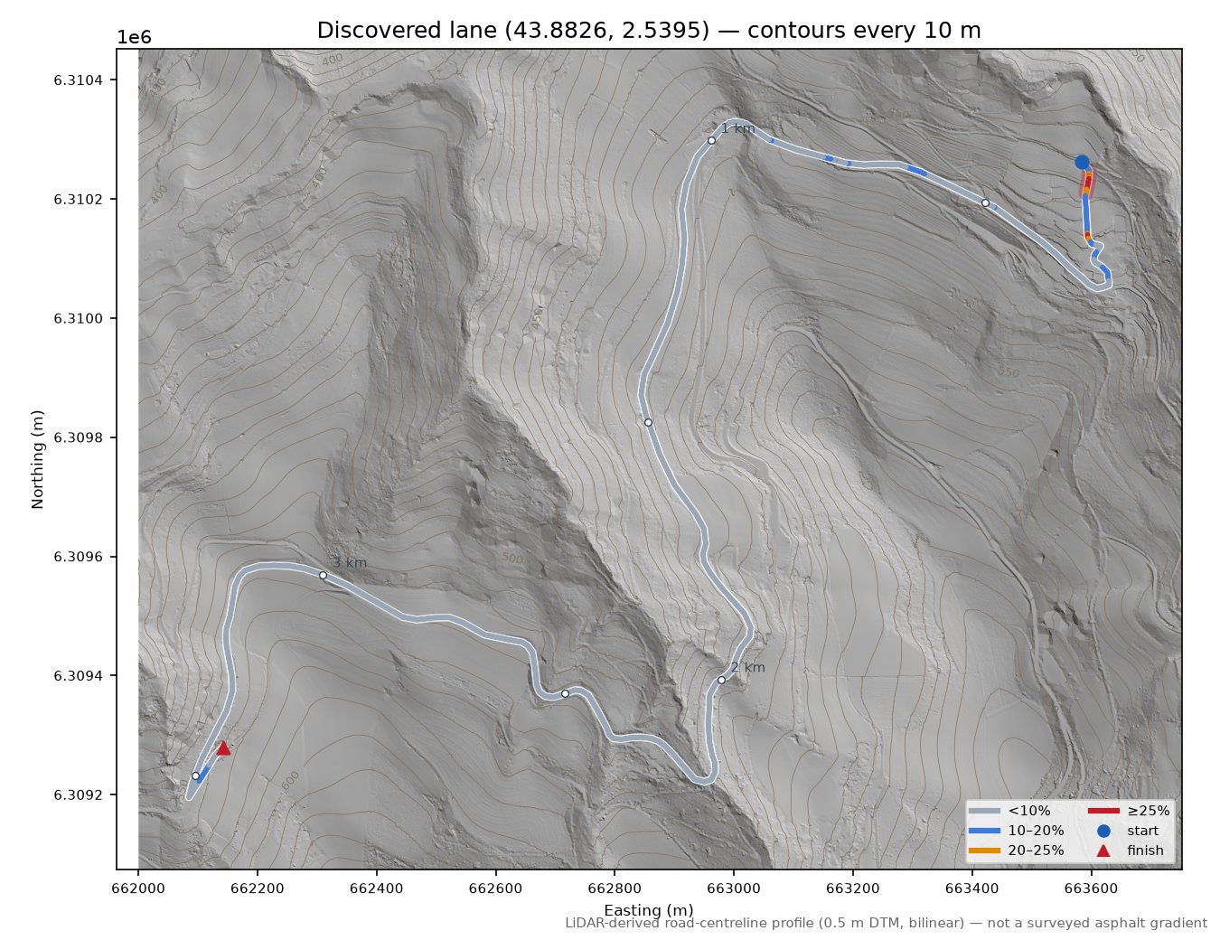 Discovered lane (43.8826, 2.5395) LiDAR hillshade map with contours