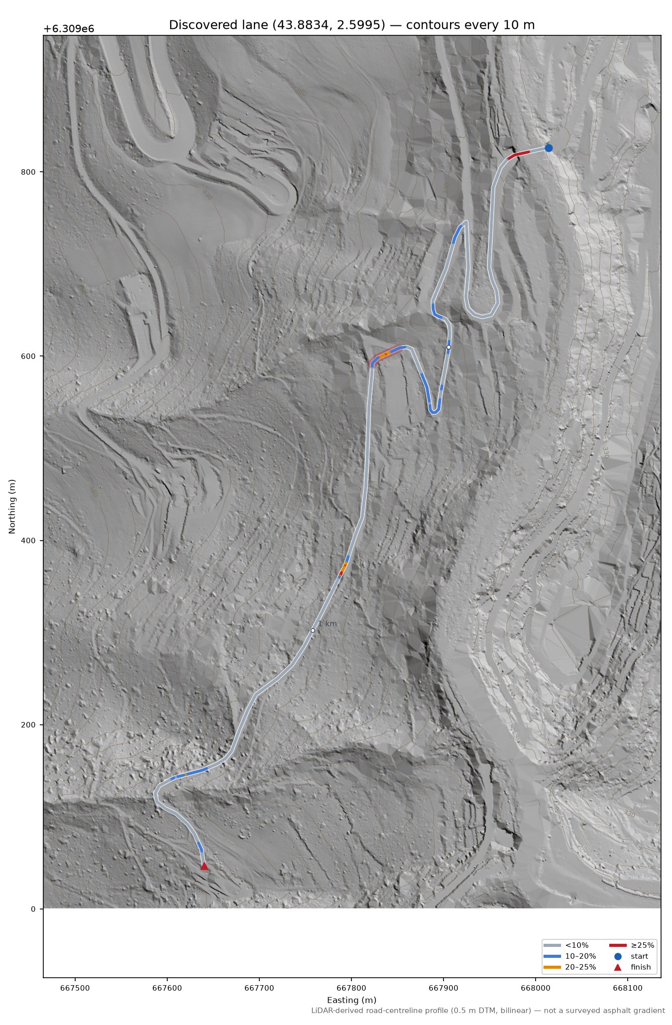 Discovered lane (43.8834, 2.5995) LiDAR hillshade map with contours