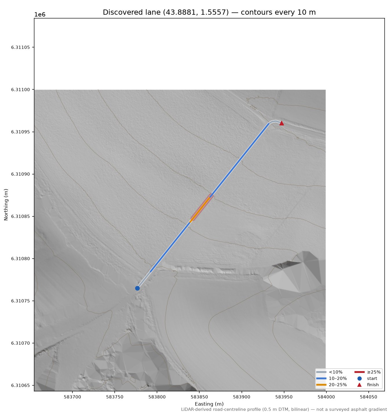Discovered lane (43.8881, 1.5557) LiDAR hillshade map with contours