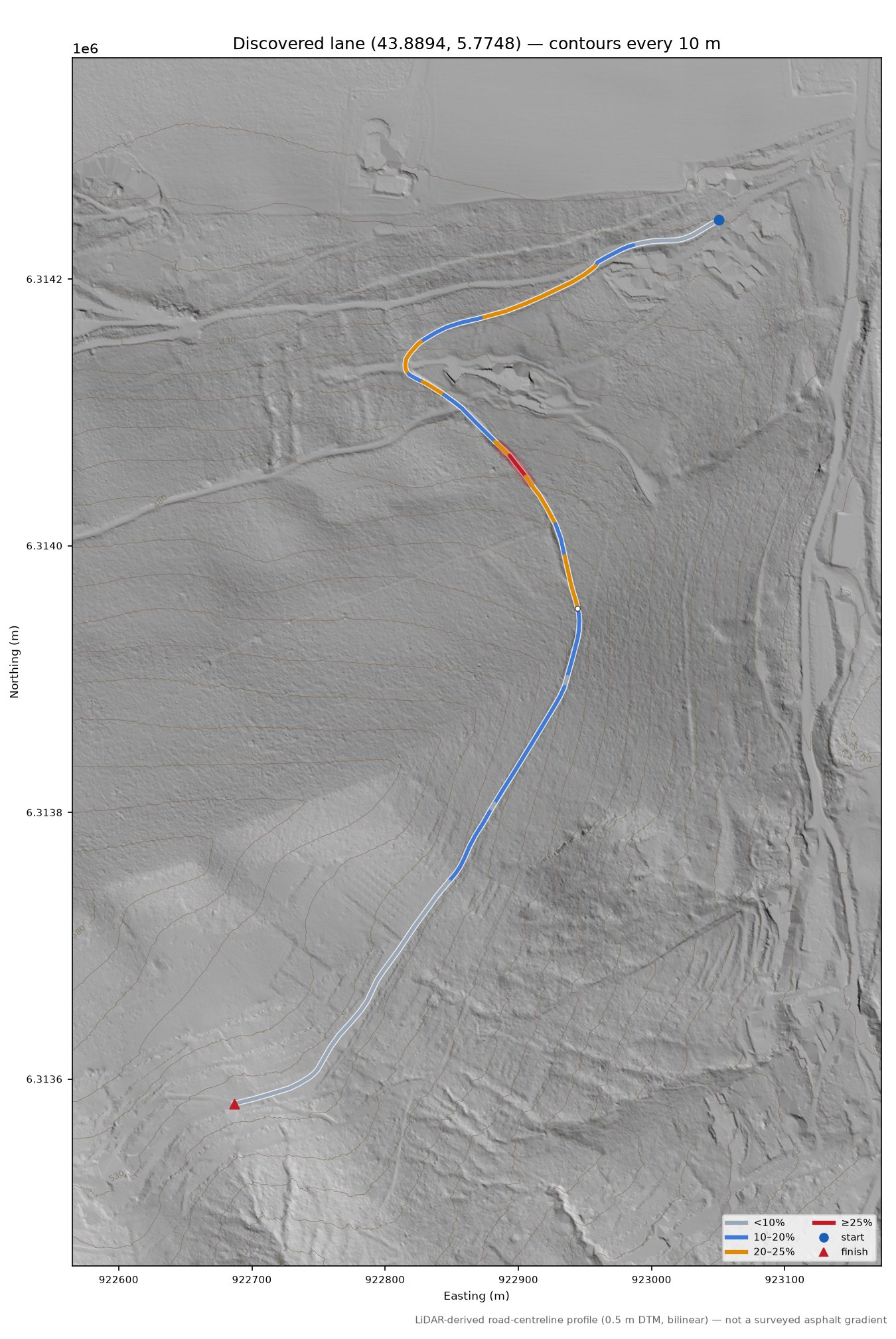 Discovered lane (43.8894, 5.7748) LiDAR hillshade map with contours