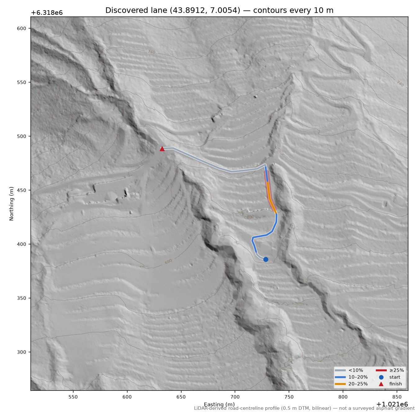 Discovered lane (43.8912, 7.0054) LiDAR hillshade map with contours