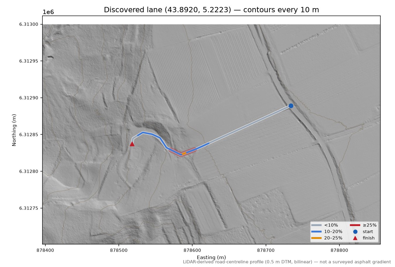 Discovered lane (43.8920, 5.2223) LiDAR hillshade map with contours