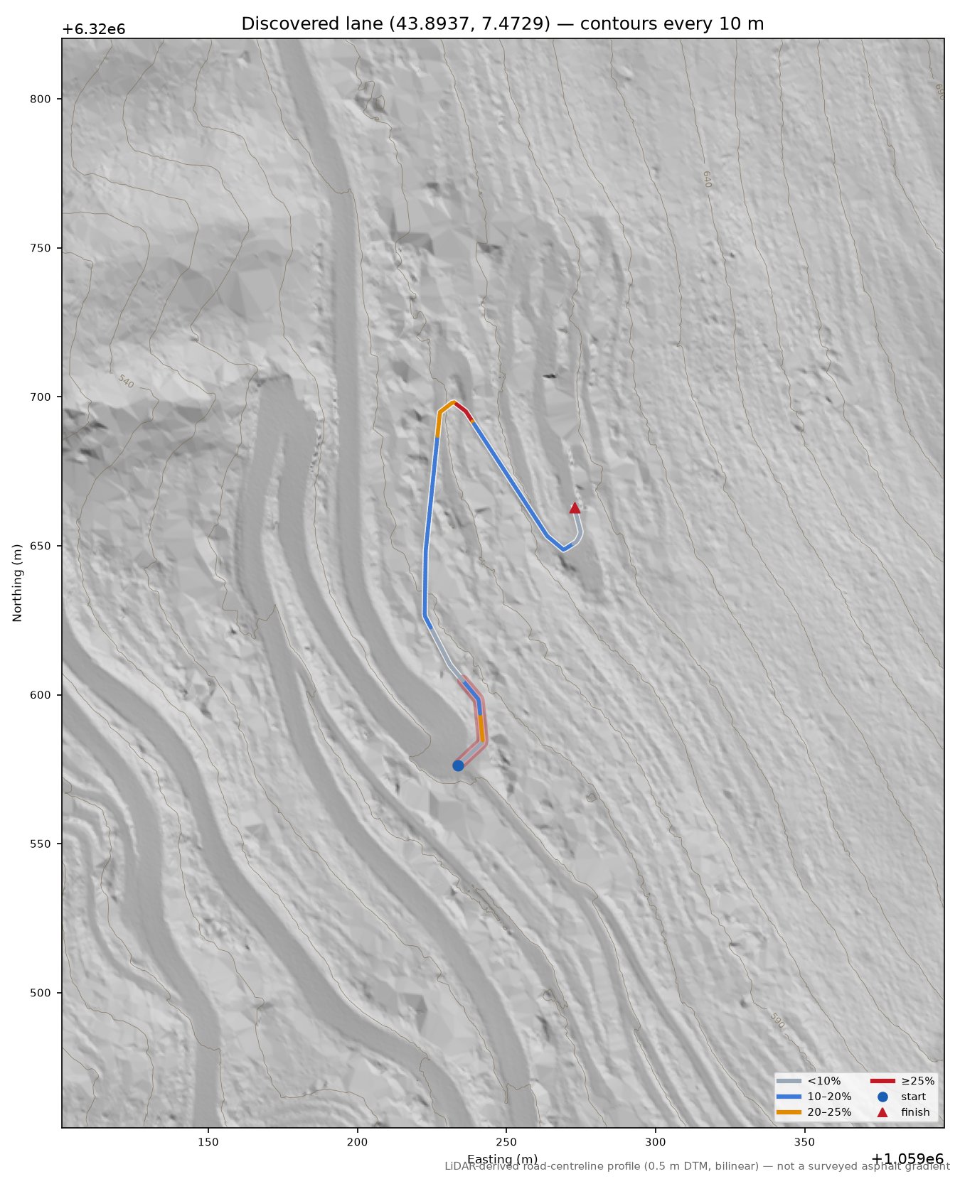 Discovered lane (43.8937, 7.4729) LiDAR hillshade map with contours