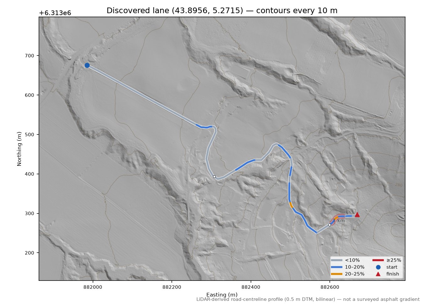 Discovered lane (43.8956, 5.2715) LiDAR hillshade map with contours