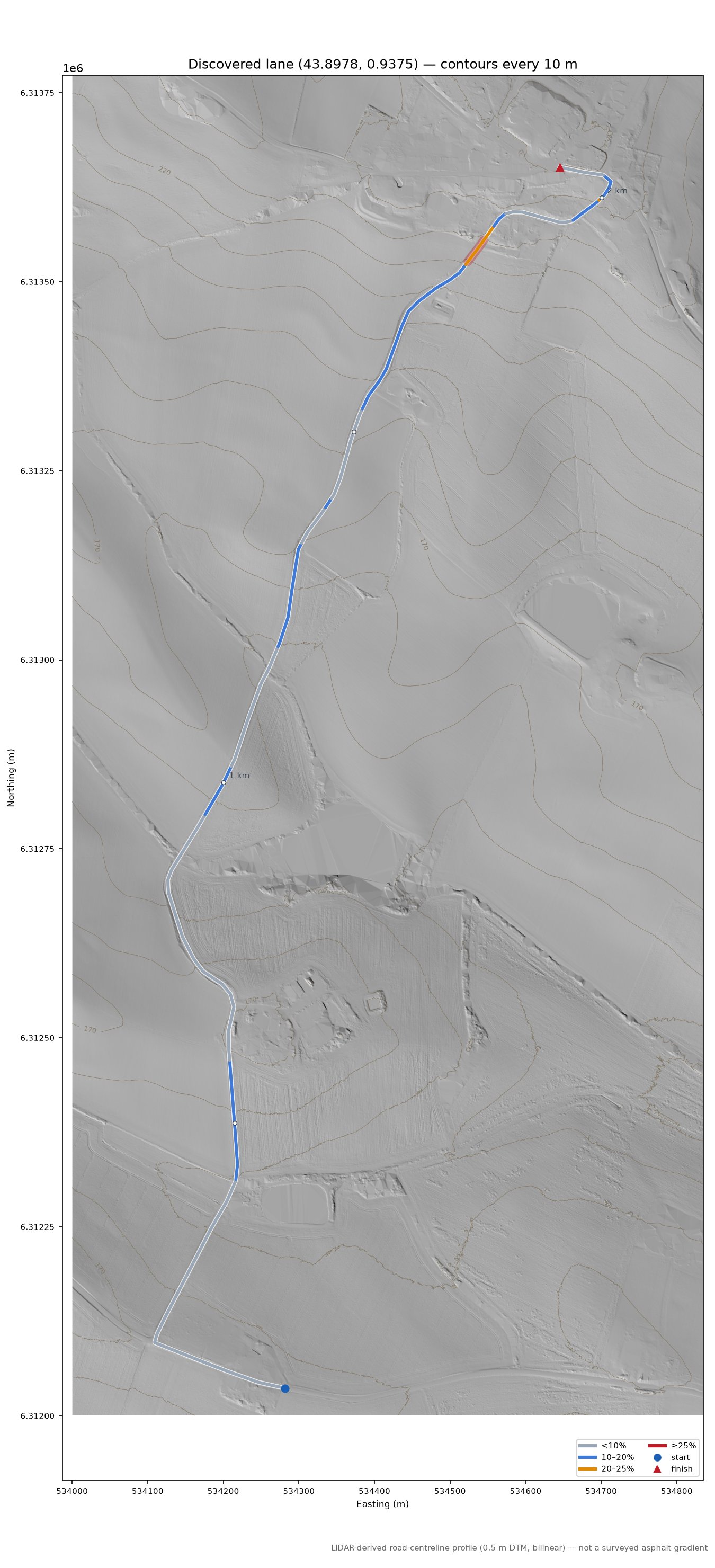 Discovered lane (43.8978, 0.9375) LiDAR hillshade map with contours