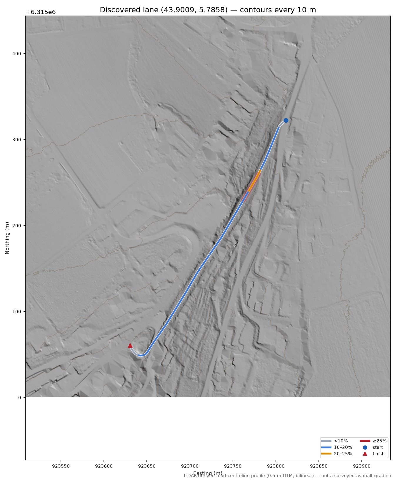 Discovered lane (43.9009, 5.7858) LiDAR hillshade map with contours