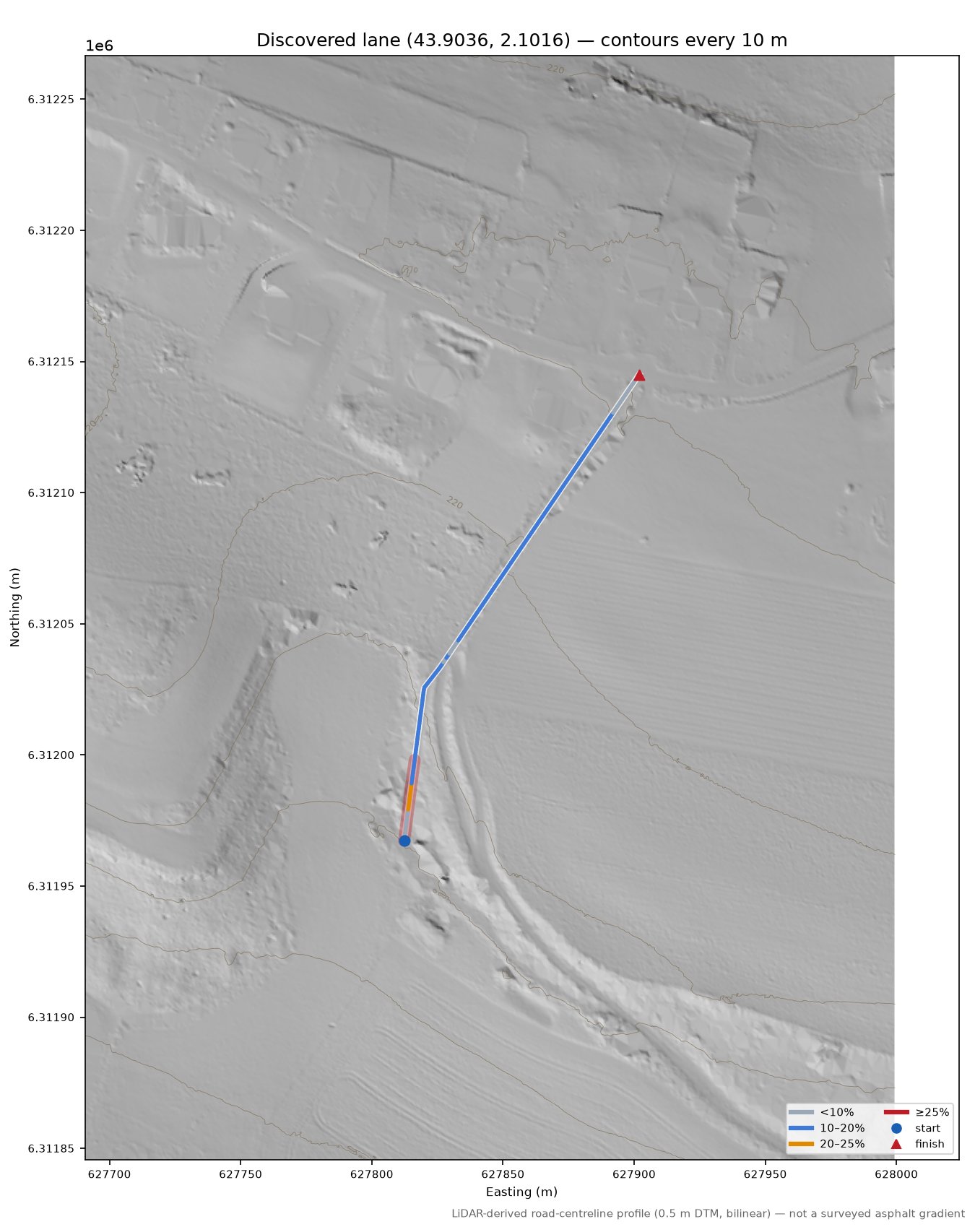 Discovered lane (43.9036, 2.1016) LiDAR hillshade map with contours