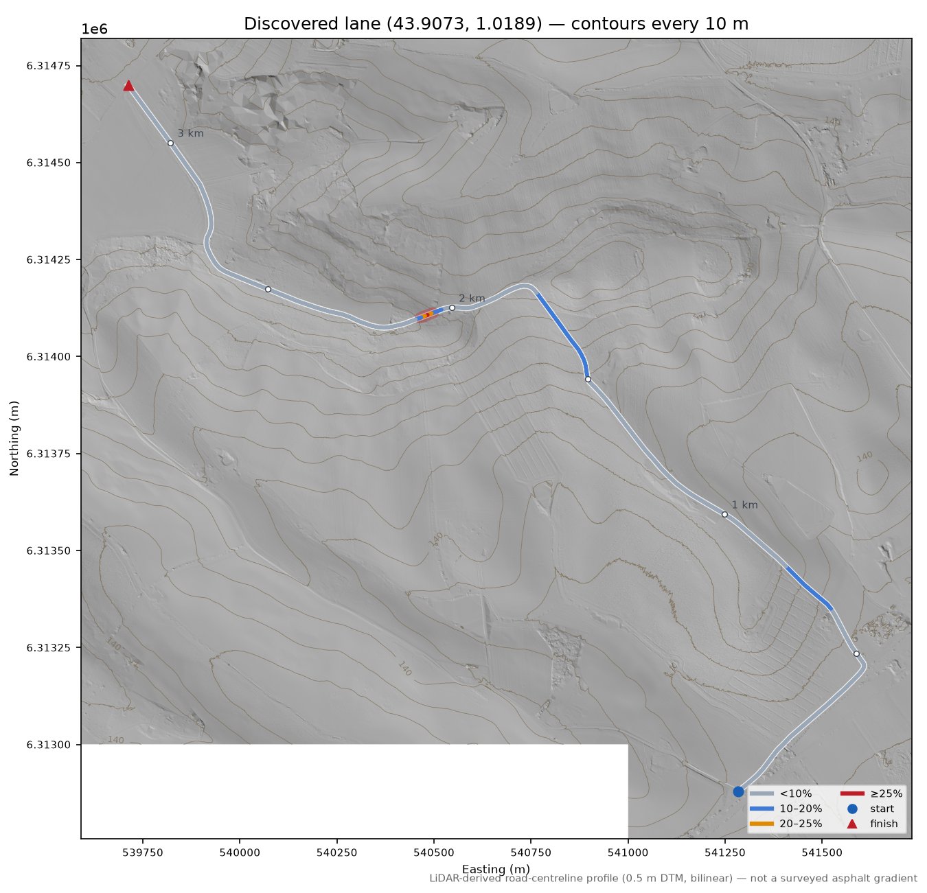 Discovered lane (43.9073, 1.0189) LiDAR hillshade map with contours
