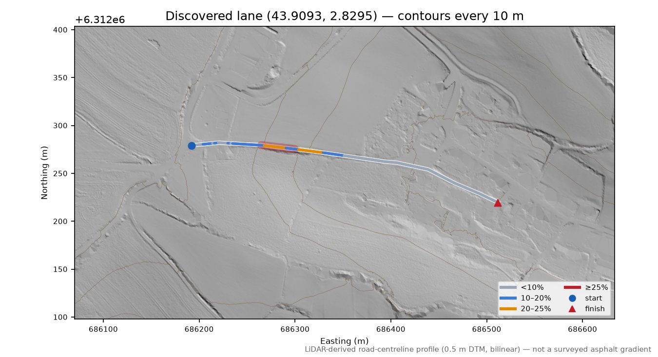 Discovered lane (43.9093, 2.8295) LiDAR hillshade map with contours