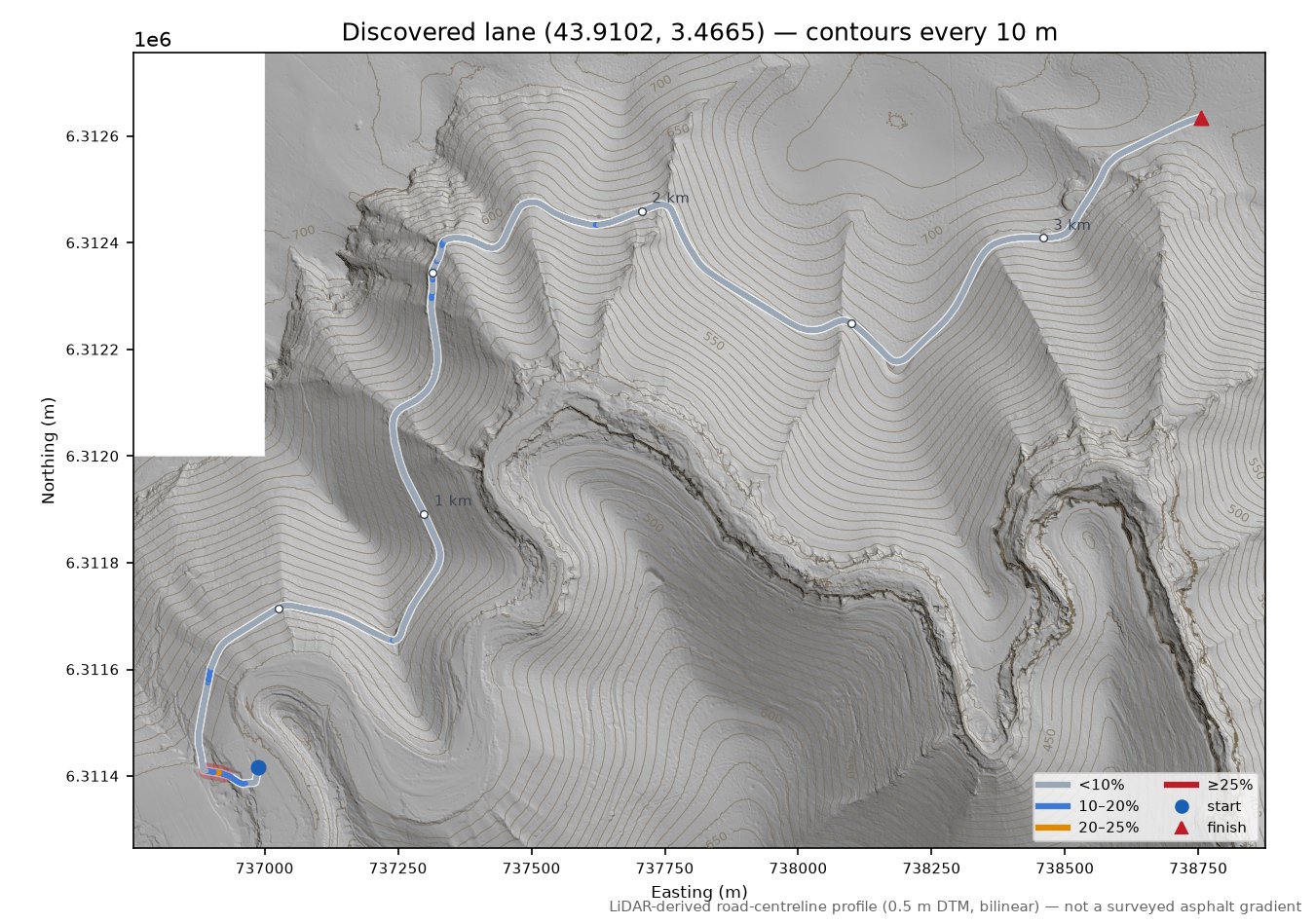 Discovered lane (43.9102, 3.4665) LiDAR hillshade map with contours