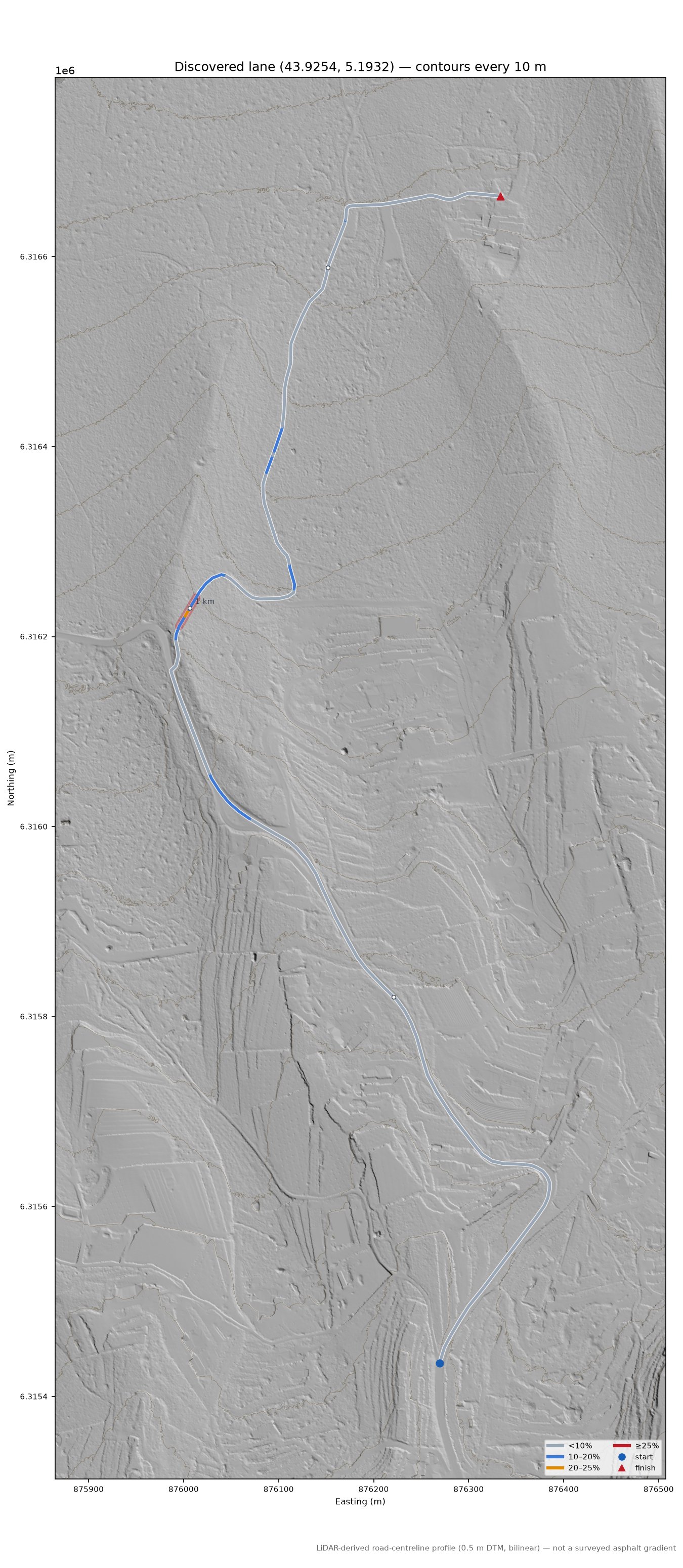 Discovered lane (43.9254, 5.1932) LiDAR hillshade map with contours