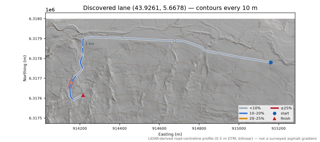 Discovered lane (43.9261, 5.6678) LiDAR hillshade map with contours