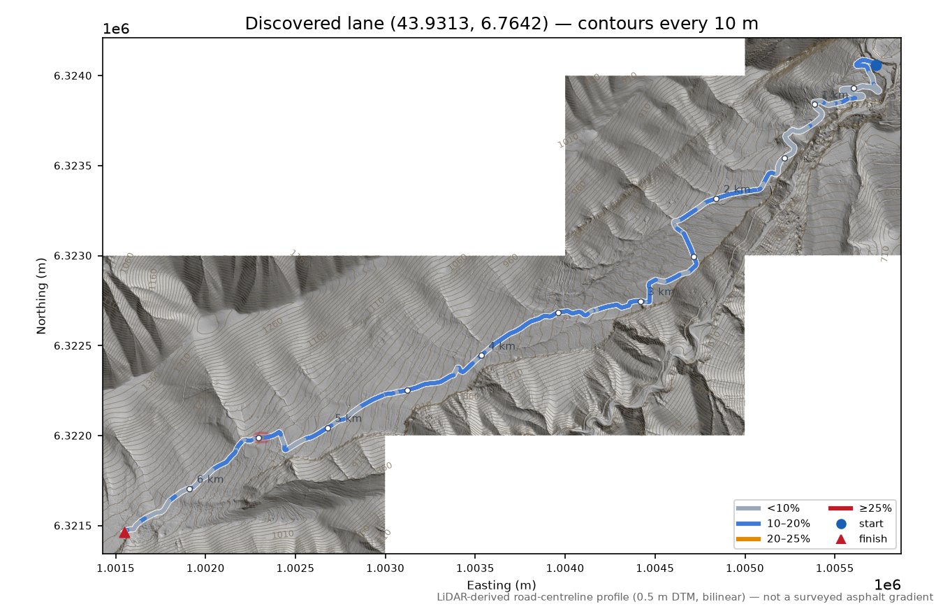 Discovered lane (43.9313, 6.7642) LiDAR hillshade map with contours