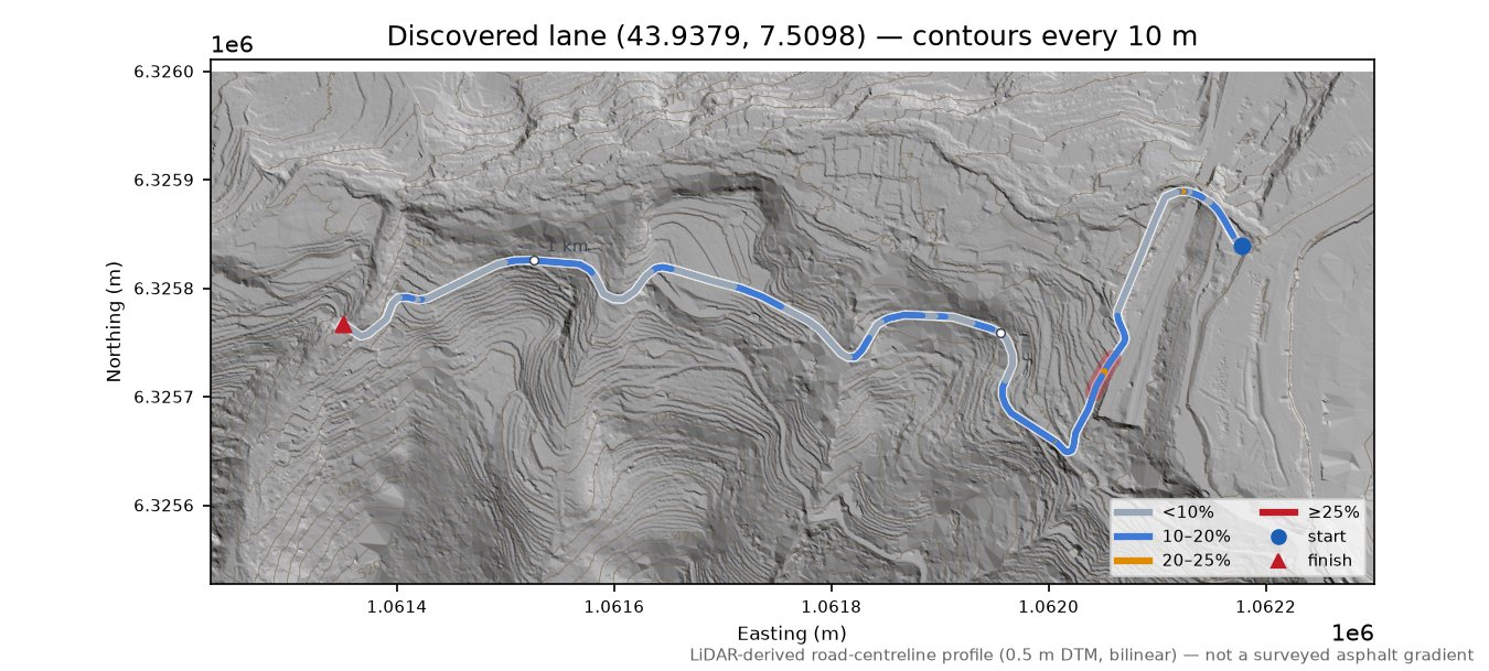 Discovered lane (43.9379, 7.5098) LiDAR hillshade map with contours